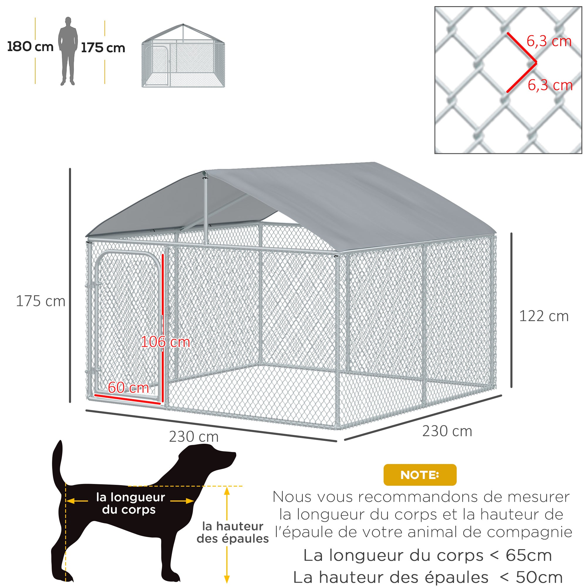 PawHut 5m² Открит кучешки приют с покрив - 230 x 230 x 175 см мрежесто ограждение - Закрито пространство - Галиранизирана стомана