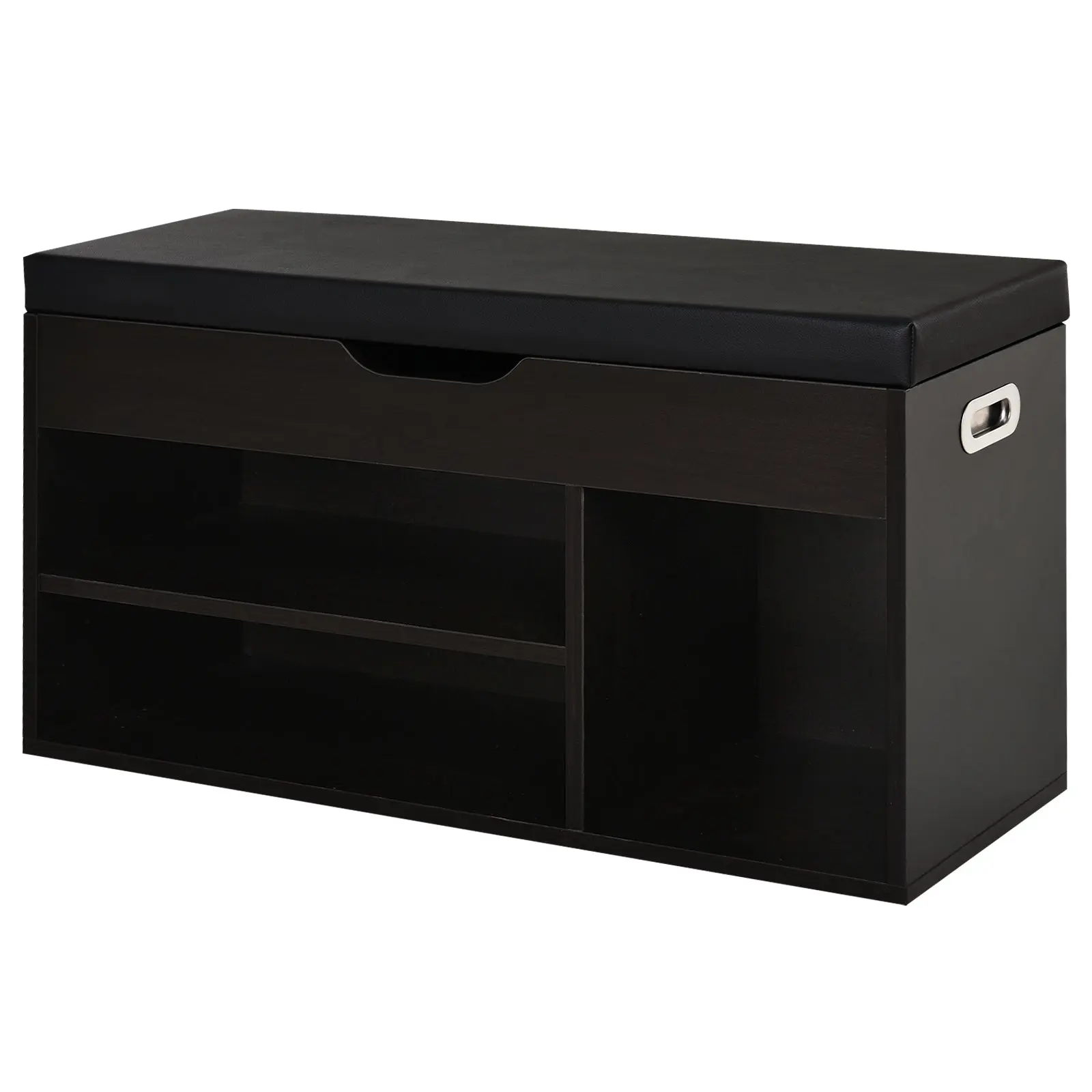 Padded Entryway Shoe Cabinet, Entryway Cabinet with Shoe Rack, with 3 Compartments, PU Leather Seat, for Living Room and Hallway, 80x30x43 cm, Black
