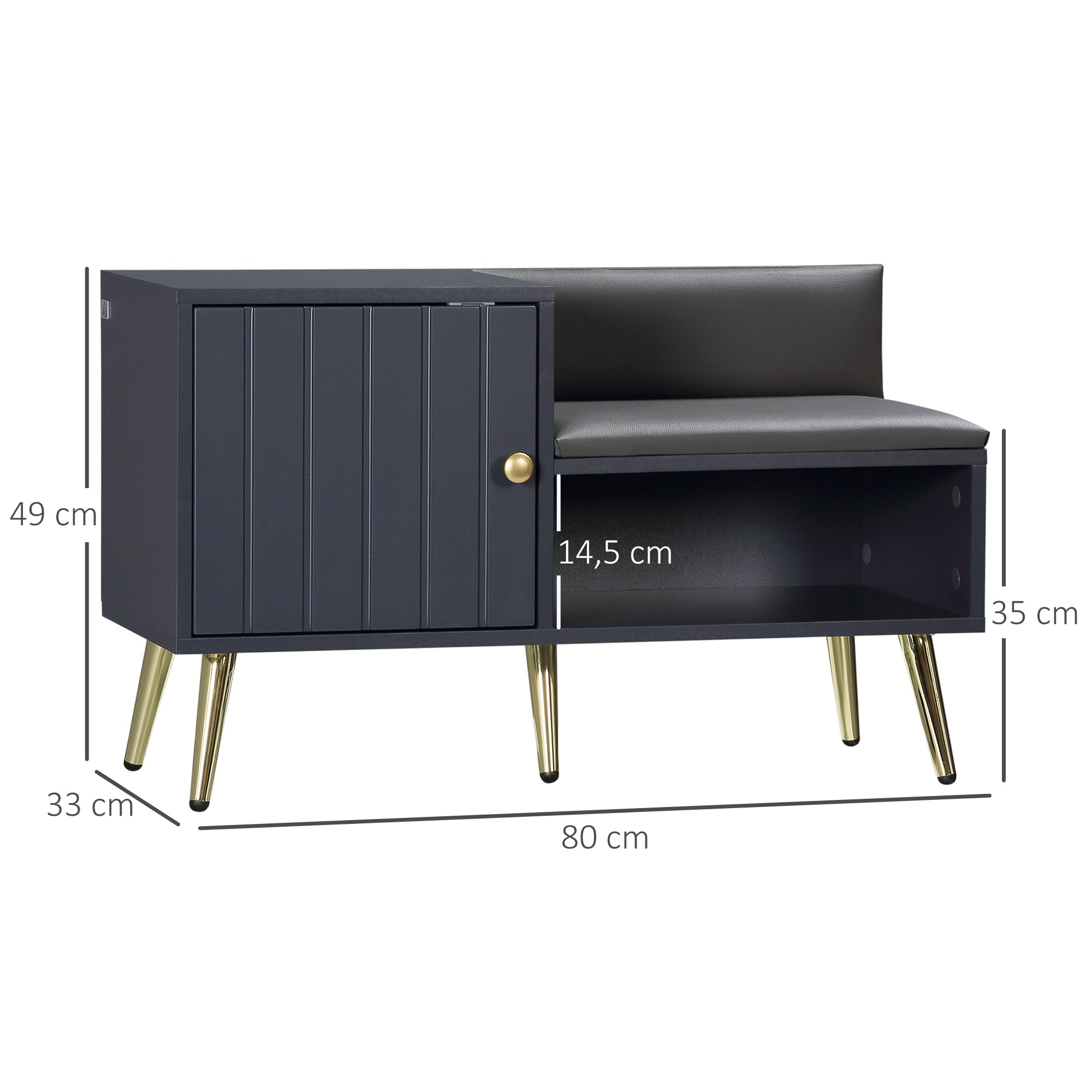 HOMCOM Šatní lavice Botník v art deco stylu, syntetický povrch, zlatá ocel, rozměry 80 x 33 x 49 cm, šedá
