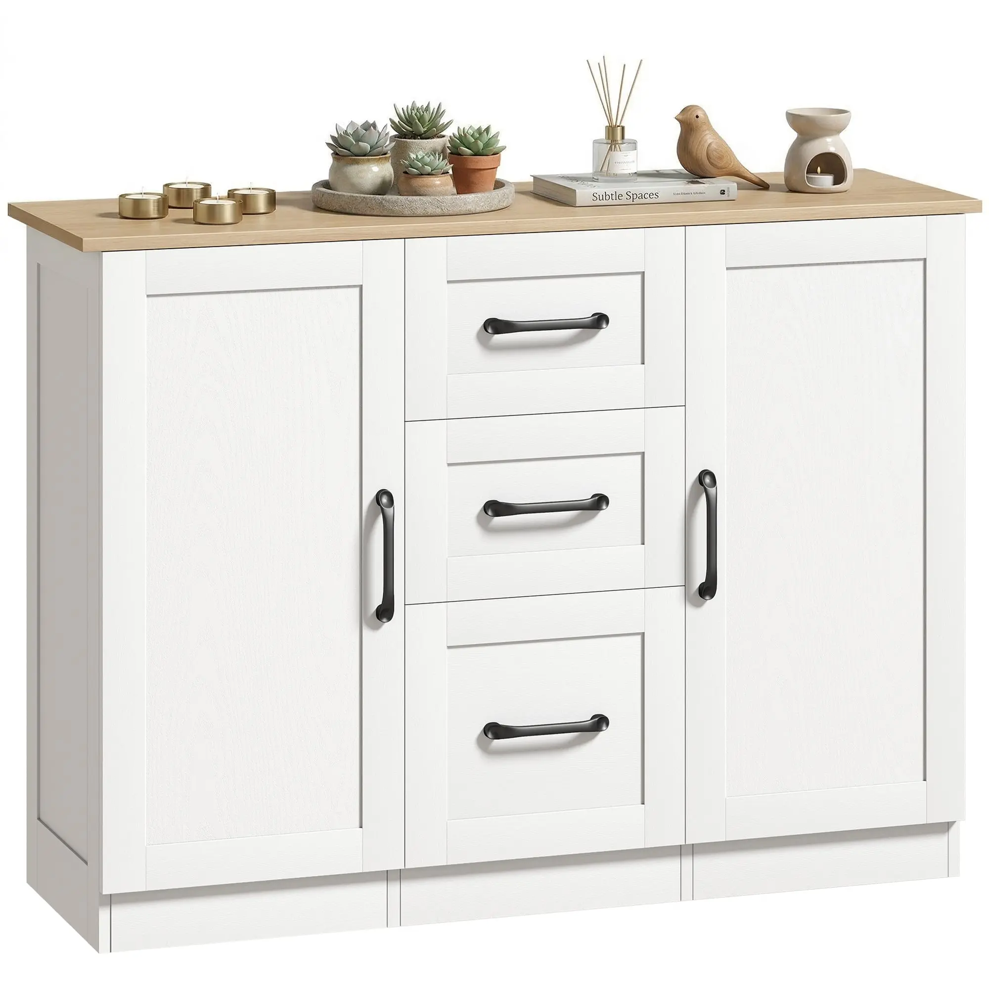 Sideboard with 2 Soft-Close Doors & 3 Drawers, Modern Buffet for Dining Room & Kitchen, 43.3 x 13.8 x 31.7 in, White & Natural Wood