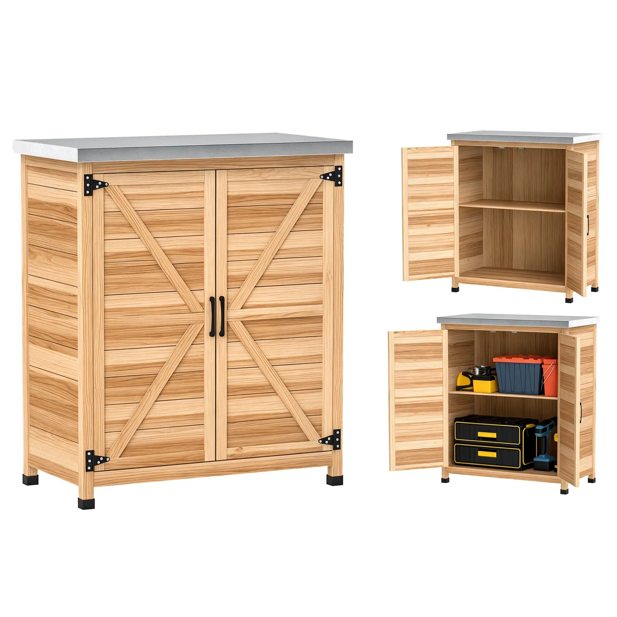Outdoor Cabinet with Internal Shelf and Upper Workbench, Garden Cabinet in Fir Wood and Galvanized Steel, 79x43x92 cm, Wood Color