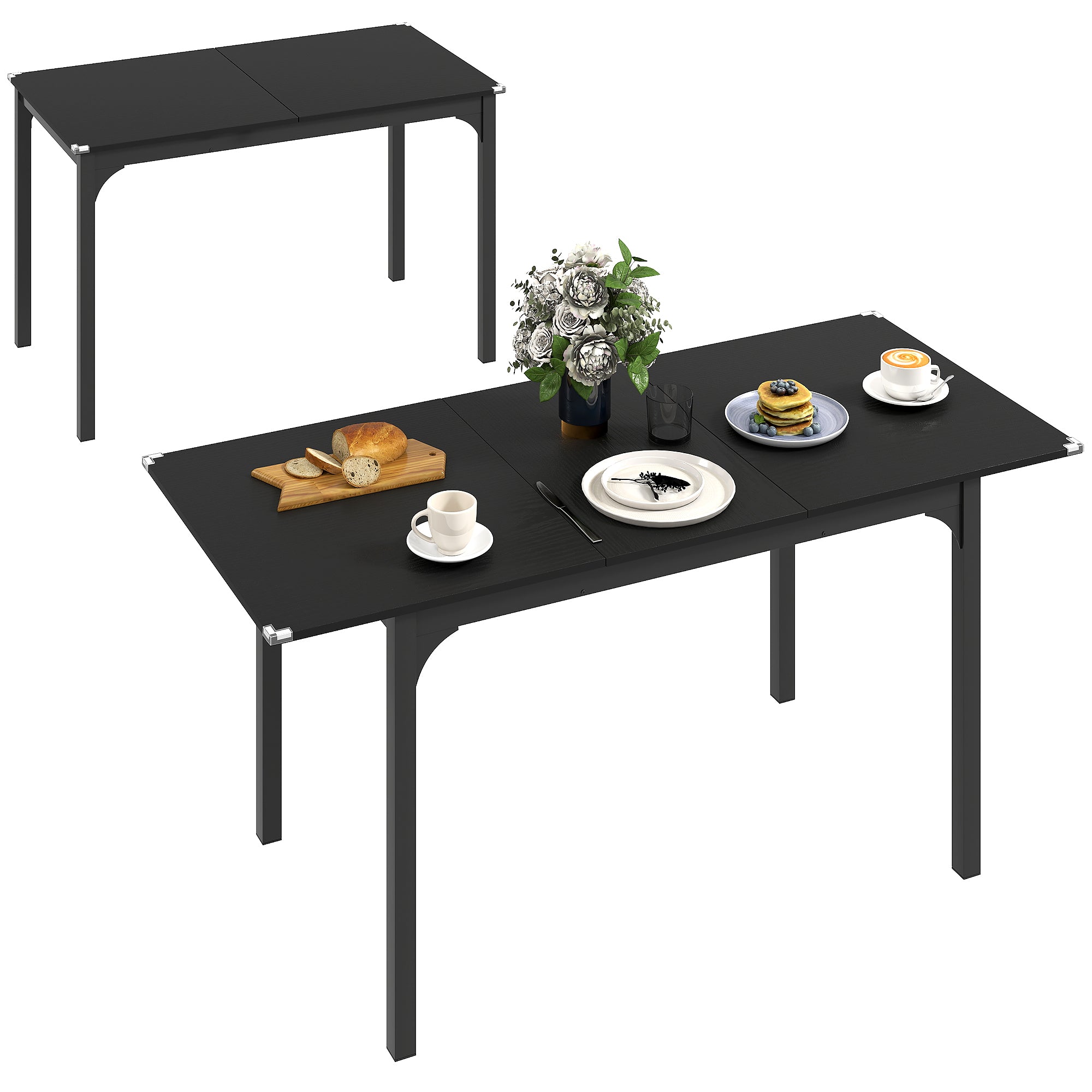 Folding Dining Table, Extendable Rectangular Kitchen Table for 4 to 6 people, Steel Legs, for Small Spaces, Dining Room, Black