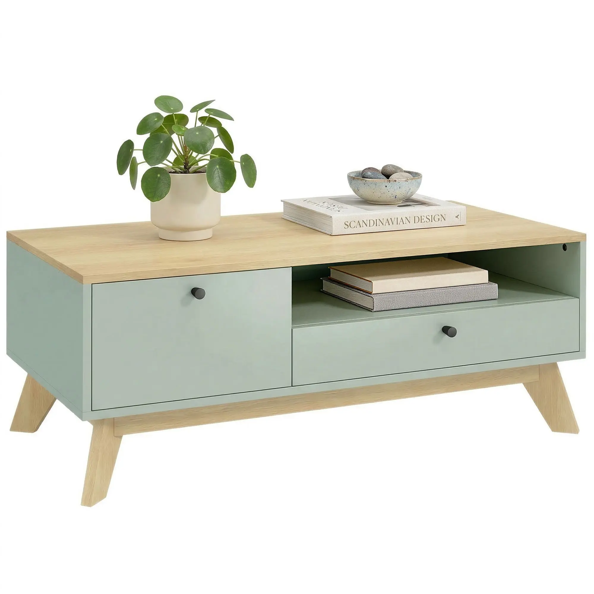 Rectangular Coffee Table with Drawer, Door & Open Compartment — Modern Accent Table for Bedroom, Living Room & Office, 39.4 x 19.7 x 15.7 in, Light Green & Oak