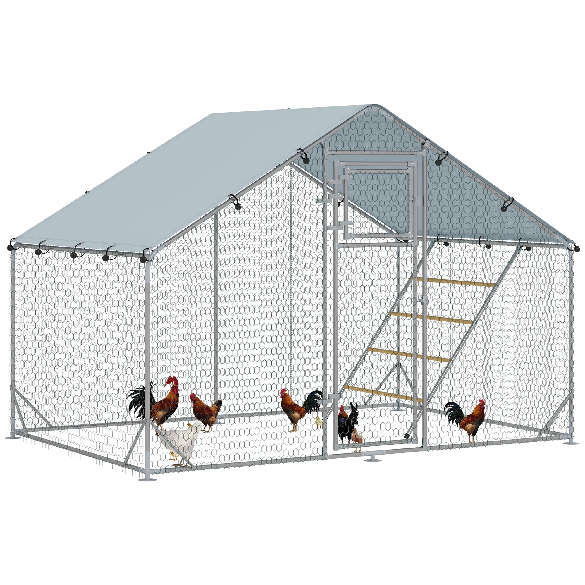 Chicken Run with Roof, 6m² Steel Chicken House for 6–8 Chickens, UV & Waterproof 420D Cover, Feed Door, Hanging Feeder & Perches, 3 x 2 x 1.95 m, Silver