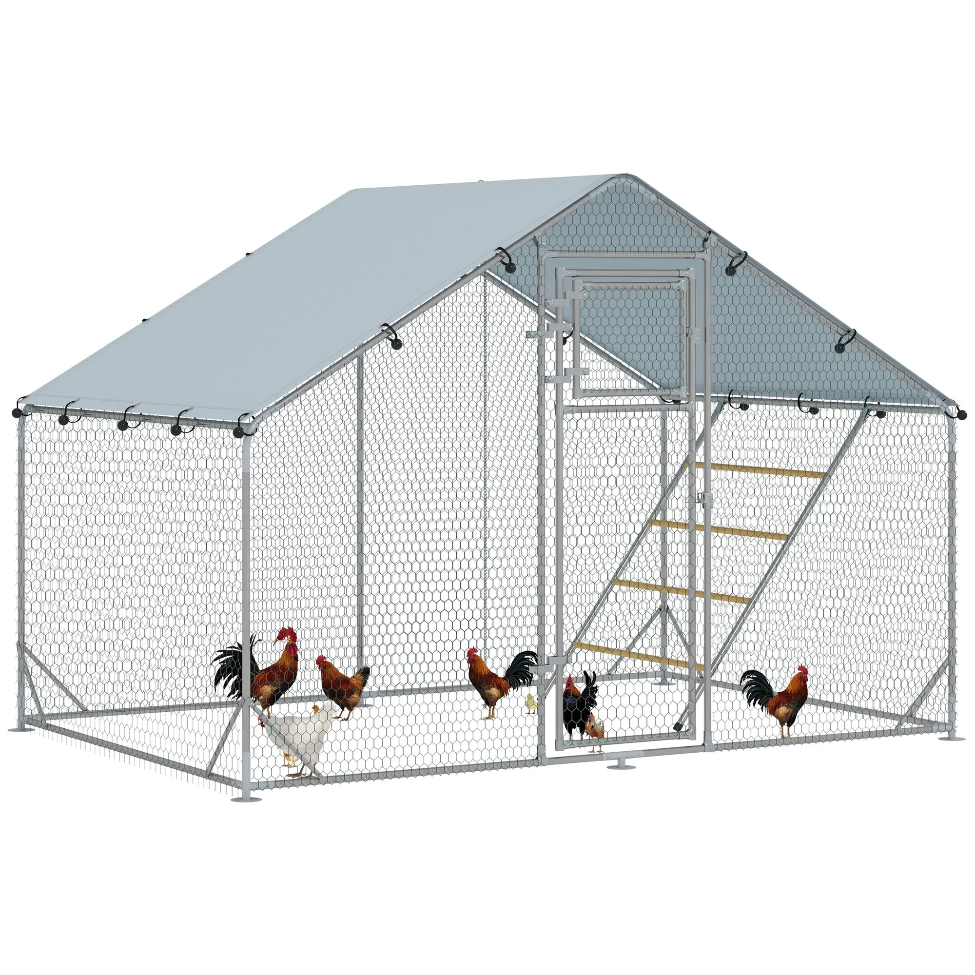 Chicken Run with Roof, 6m² Steel Chicken House for 6–8 Chickens, UV & Waterproof 420D Cover, Feed Door, Hanging Feeder & Perches, 3 x 2 x 1.95 m, Silver