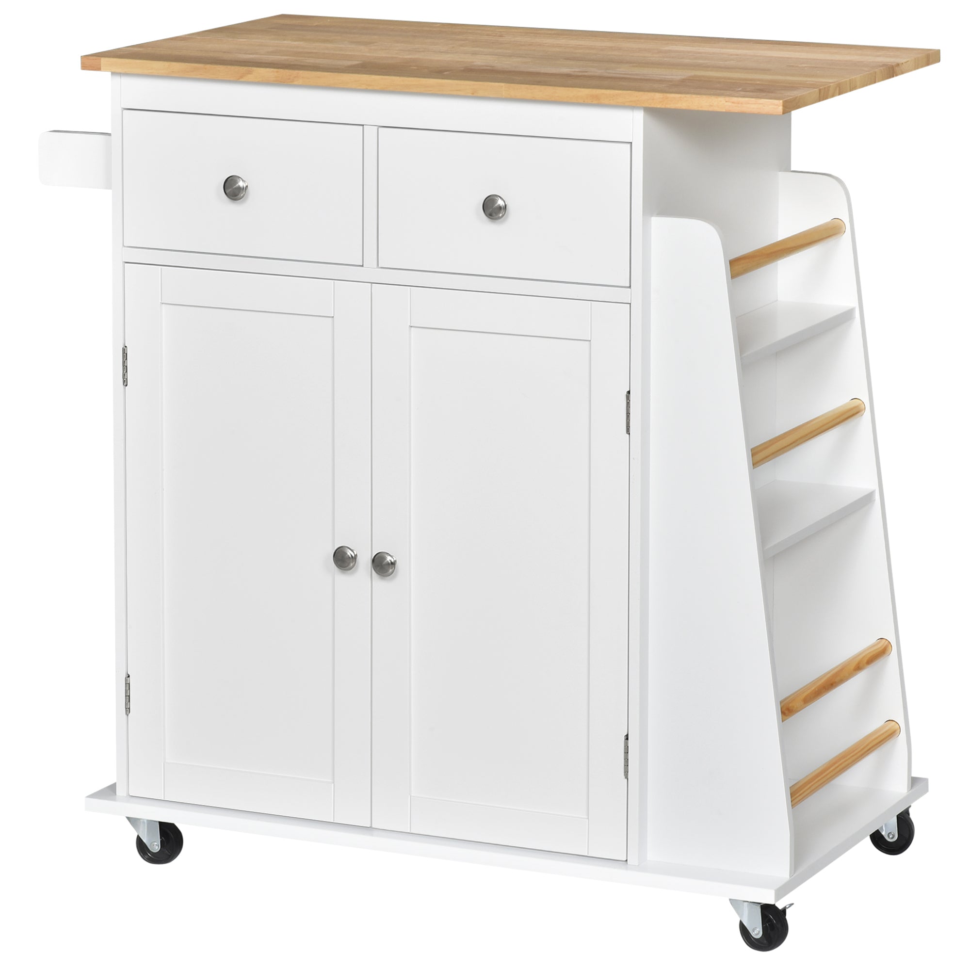 HOMCOM Køkkenvogn med Hjul, Serveringstrolley med 2 Skuffer, Opbevaringsskab, Justerbar Inderskuffe, 3 Krydderskabe og Hængestang 89x45x89.5 cm Hvid