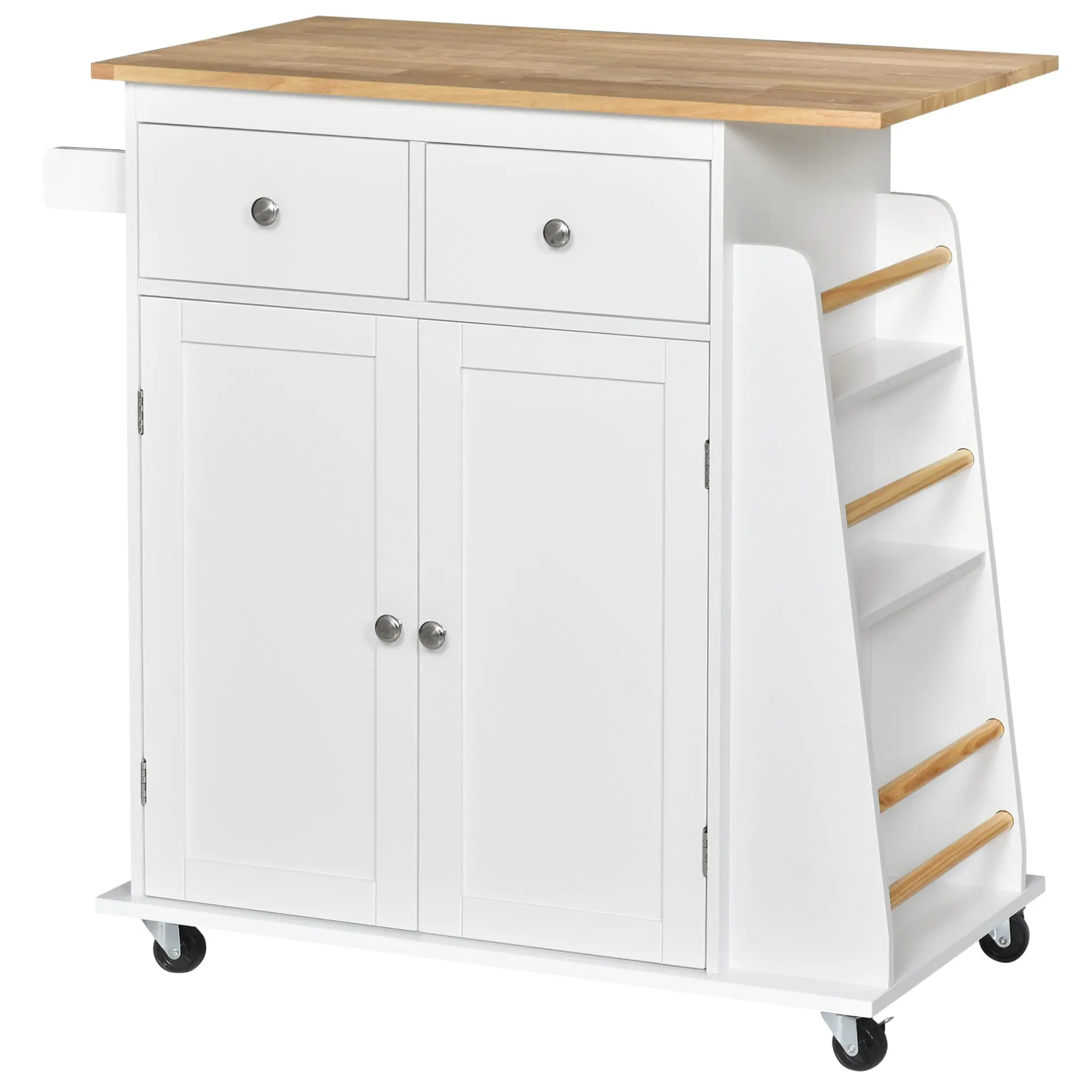 Kitchen Cart with Wheels Storage Cabinet Rolling Kitchen Island Trolley with 2 Drawers Adjustable Shelf Spice Racks Hanging Bar Rubberwood Top White 89 x 45 x 89.5 cm