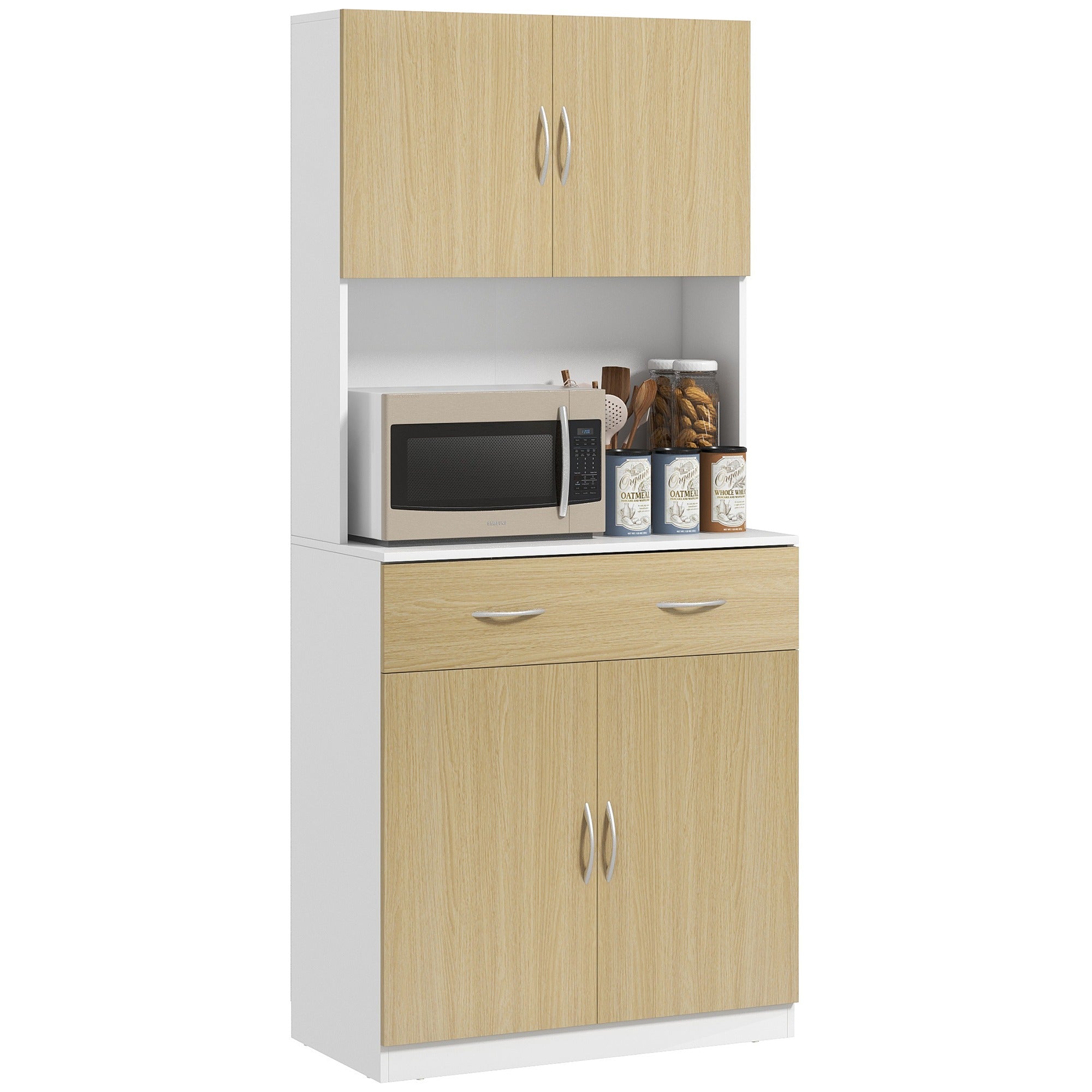 HOMCOM Köögikapp Köögipoolik Uste, Sahtli ja Reguleeritavate Riiulitega, Kaldumise Vastane Disain, Söögituppa ja Elutuppa 80x40x180 cm Naturaalne ja Valge