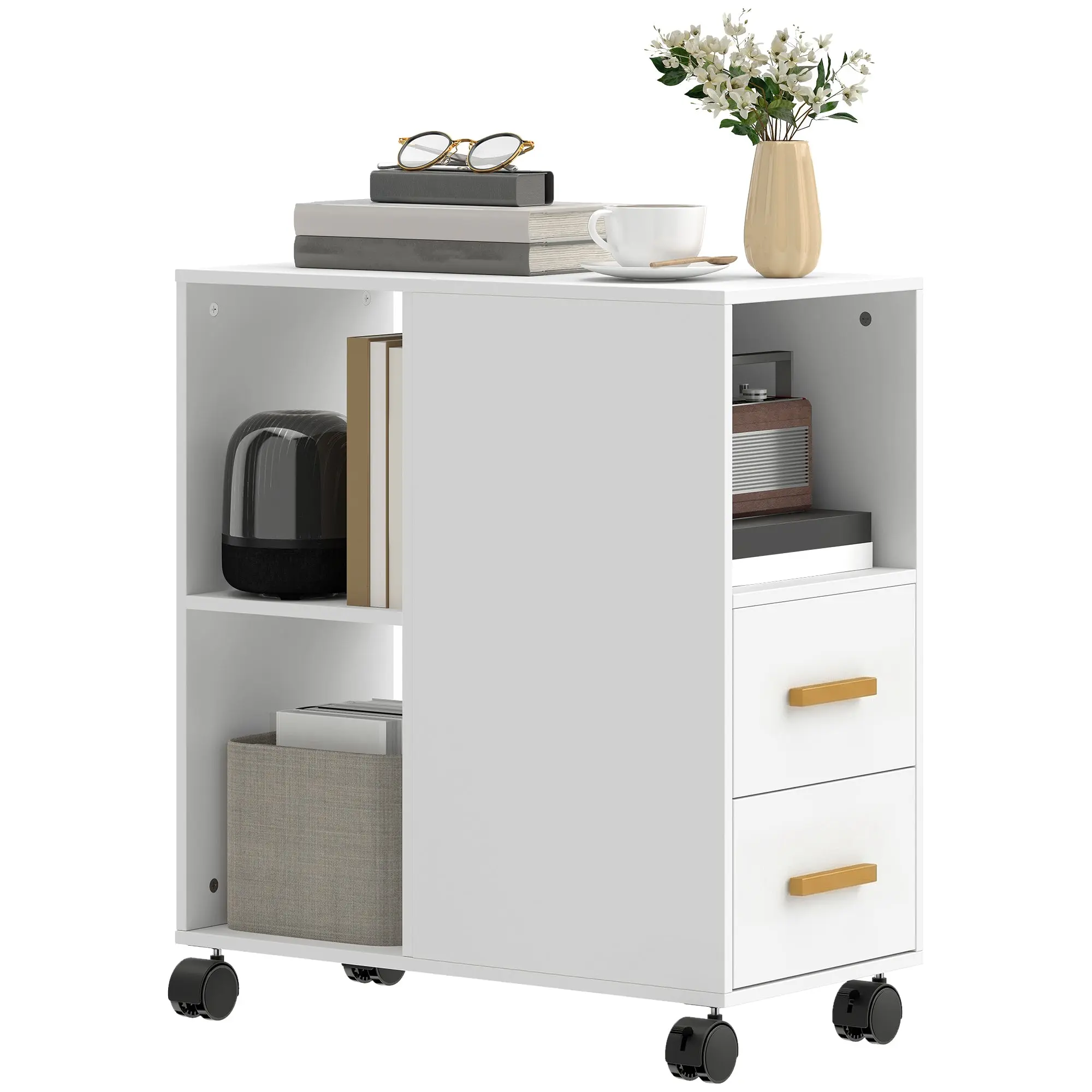 Mobile Printer Stand with Adjustable Shelf, Wheels & Desk Organizer — Printer Cart for Office, Fax, Scanner | White (23.6 x 11.8 x 25.6 in)
