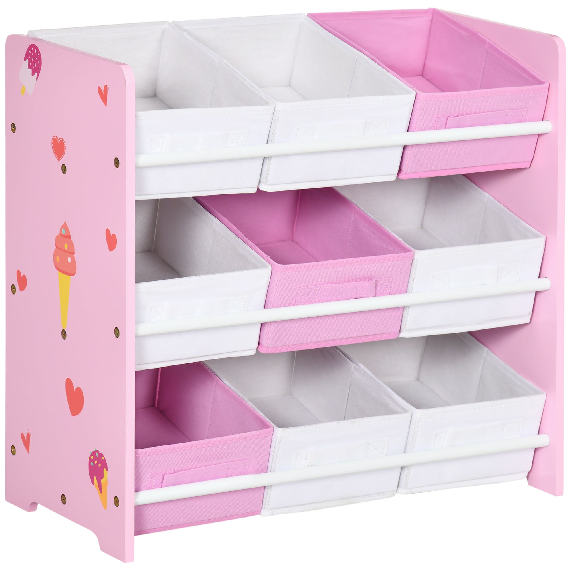 ZONEKIZ Kinderboekenkast met 9 Verwijderbare Non-Woven Stoffen Bakken - Speelgoed Organizer voor Slaapkamer Kinderdagverblijf 63x30x60 cm Roze