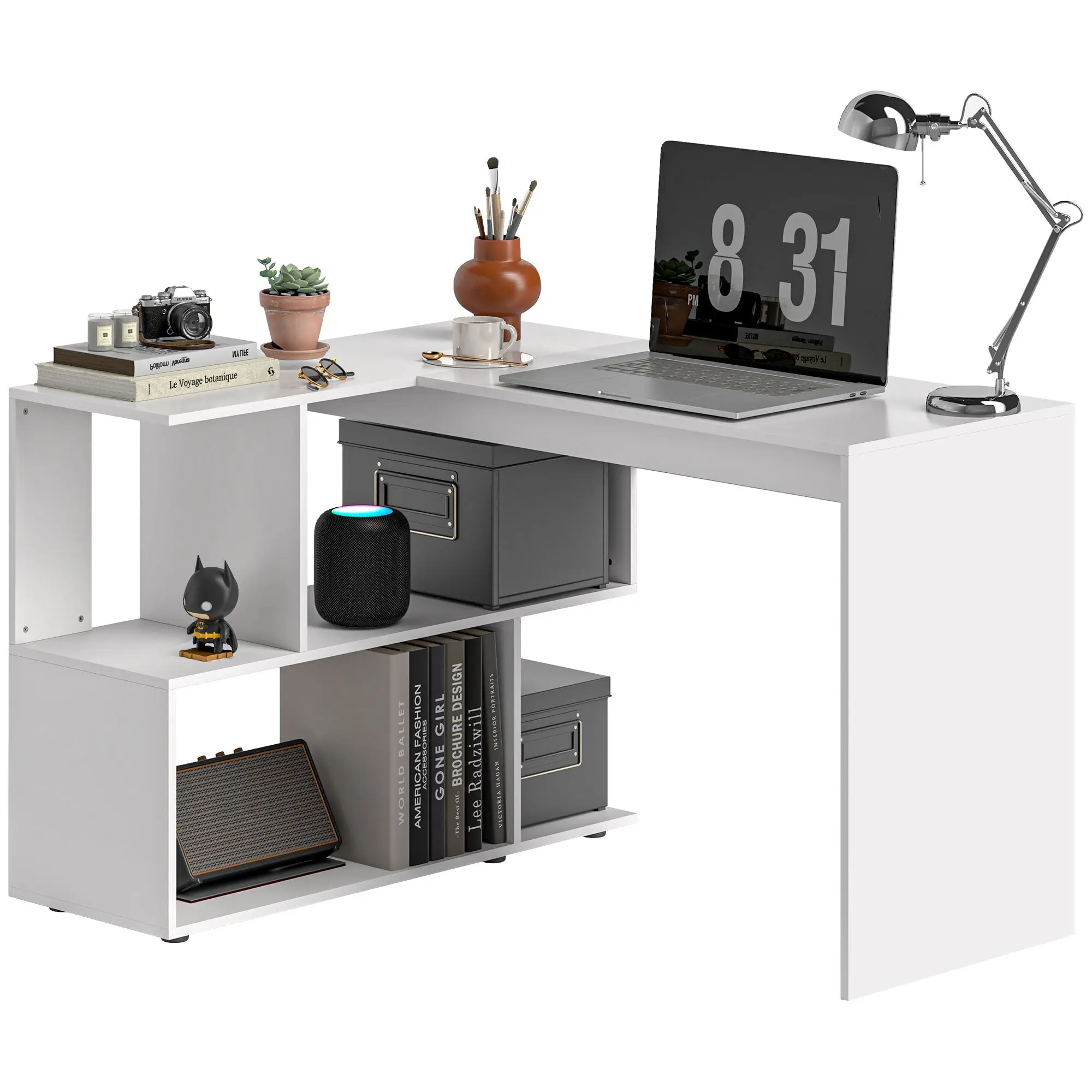 L-Shaped Corner Desk with 4 Shelves, Computer Corner Desk in Wood, Gaming Desk for Office, Living Room and Study, Modern Style, 120x100x77 cm, Glossy White