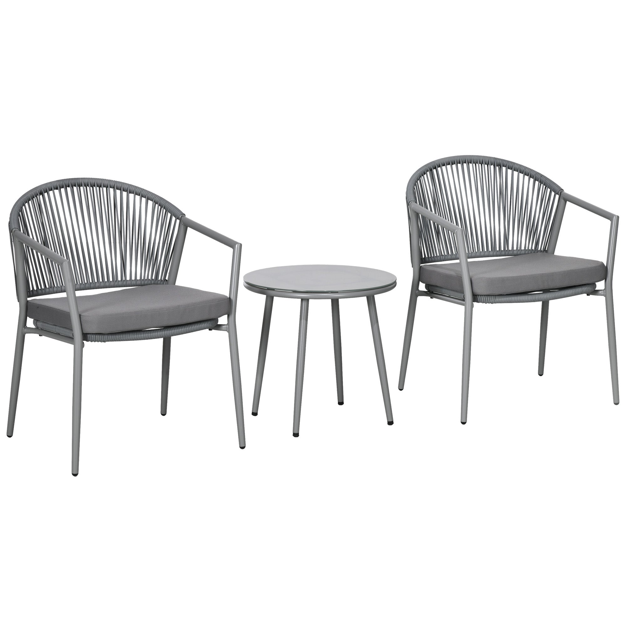 Outsunny 3-delige Rattan Bistro Set, Zithoek, Tuinmeubilair met 2 Tuinstoelen, Koffietafel, Balkonmeubel Set voor Tuin, Terras, Staal, Grijs