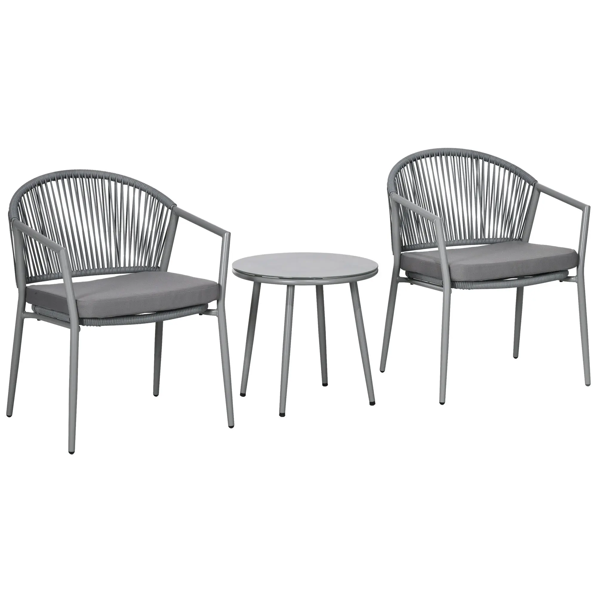3-Piece Rattan Bistro Set, Seating Group, Garden Furniture with 2 Garden Chairs, Coffee Table, Balcony Furniture Set for Garden, Terrace, Steel, Gray