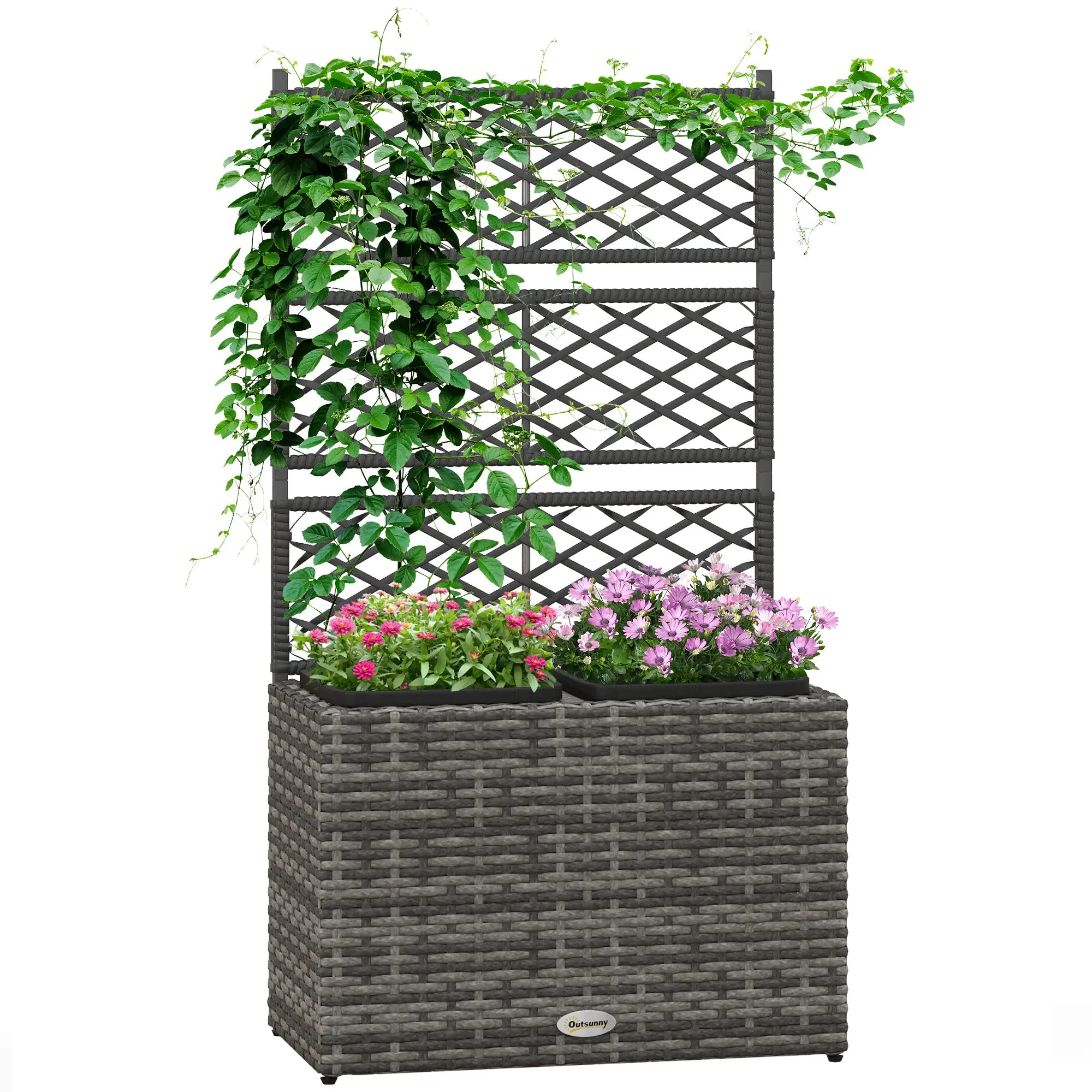 Planter with Trellis for Climbers, Raised Planter with 2 Inner Pots, Steel and PE Rattan Frame, 57x30x107cm, Gray