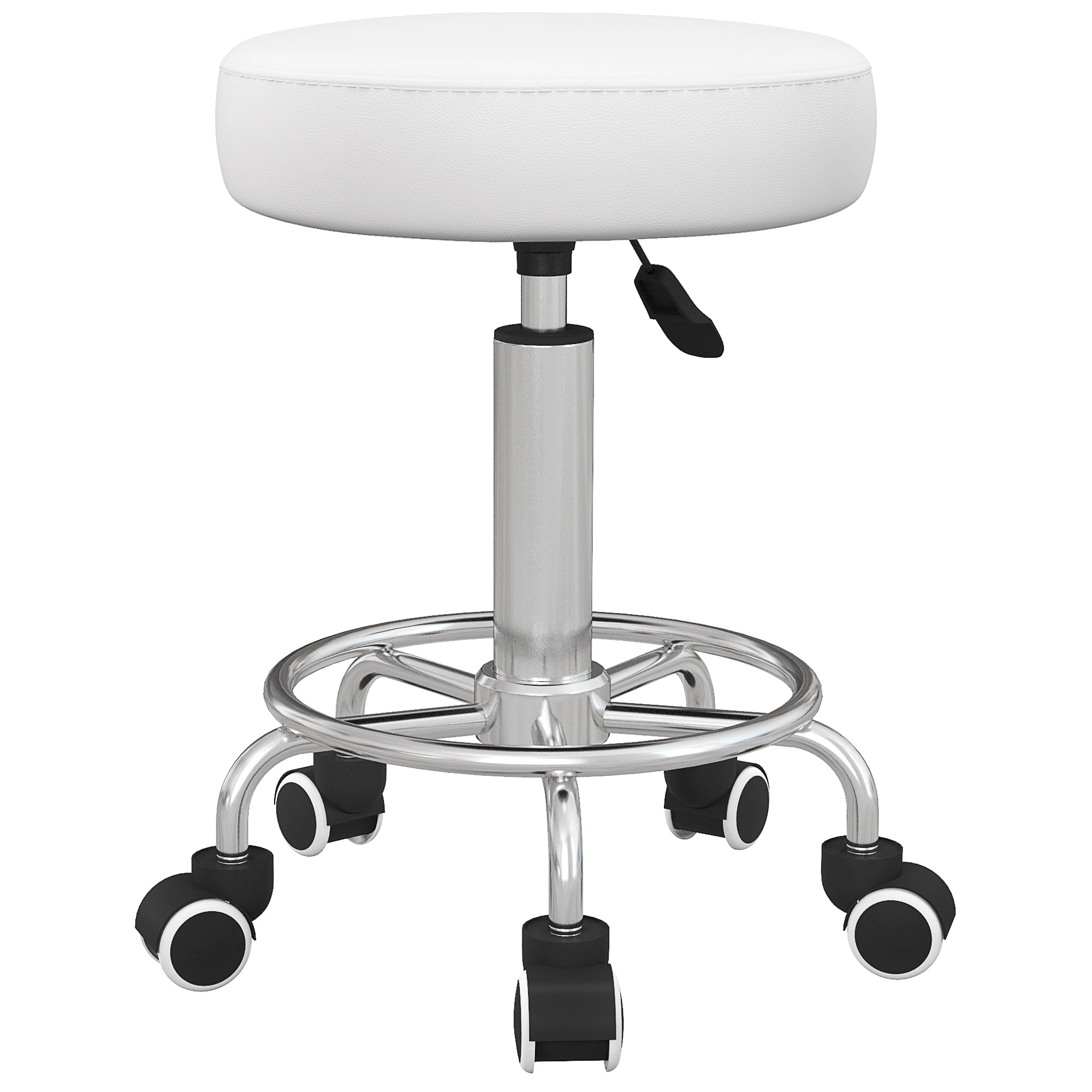 Height-Adjustable Rolling Salon Stool with Foot Ring – White PU Leather, Ø16.5 x 19.7–25.2 in