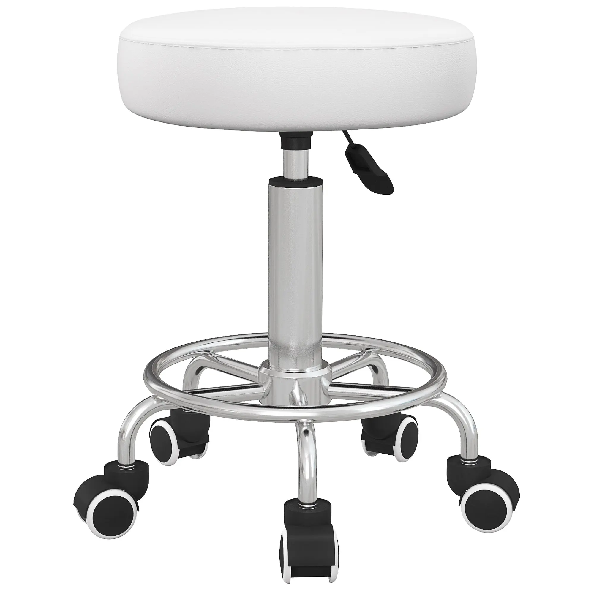 Height-Adjustable Rolling Salon Stool with Foot Ring – White PU Leather, Ø16.5 x 19.7–25.2 in