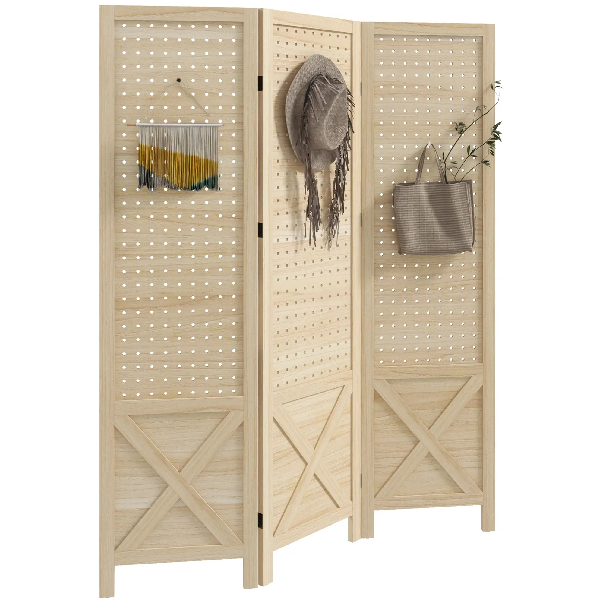 3-Panel Wooden Folding Room Divider with Perforated Panel, 45 x 57 in, Natural Paulownia