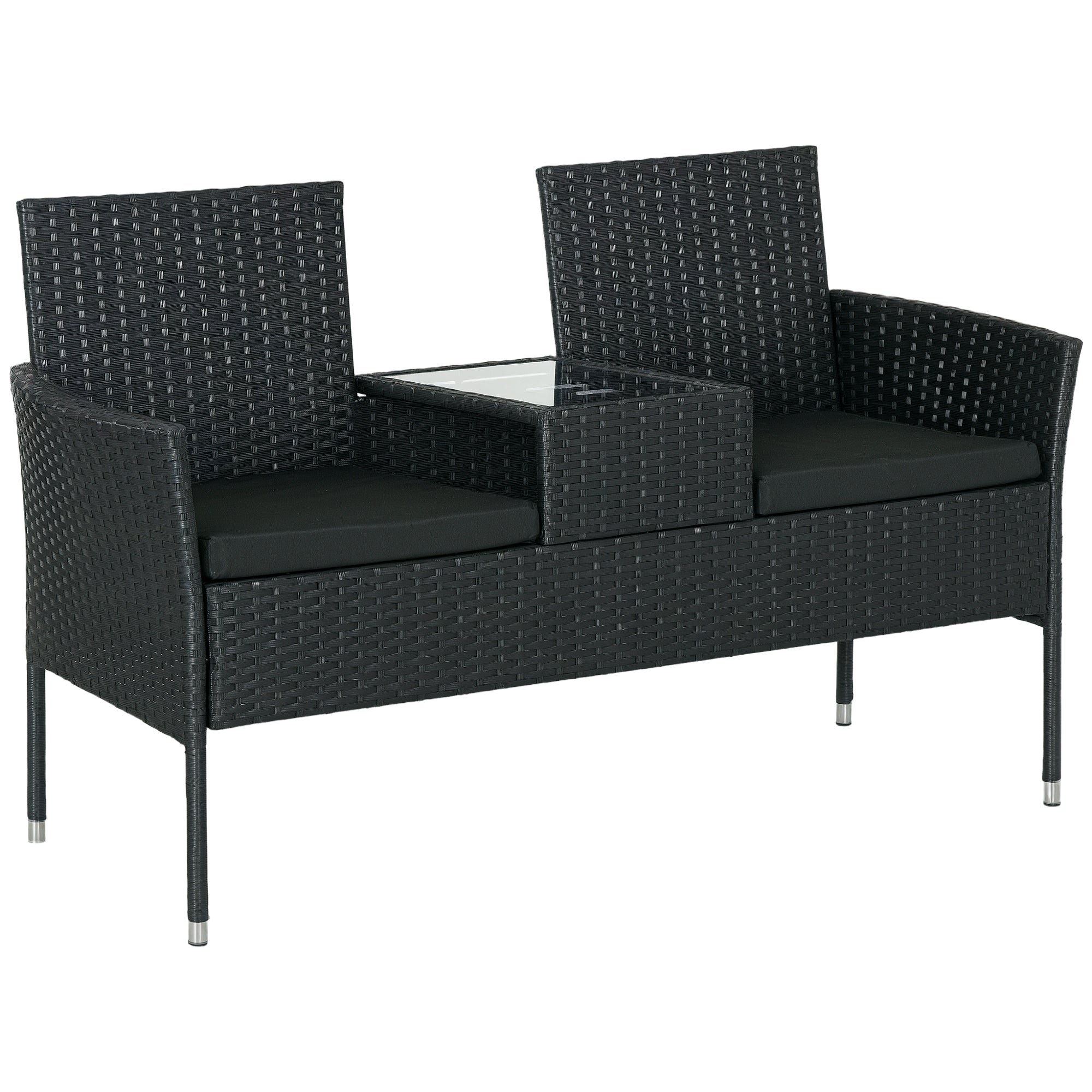 Banc de Jardin 2 Places Outsunny avec Table Basse Central, Loveseat en Rattan PE, Acier et Polyester, 137x59x82 cm, Noir