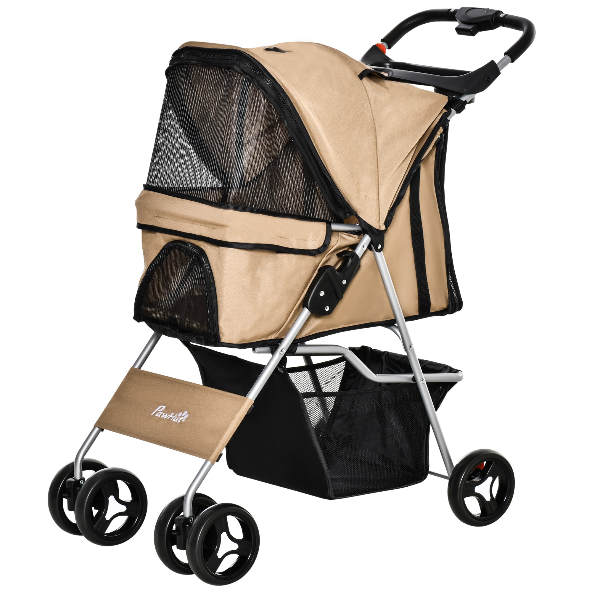 Small Foldable Dog Stroller with Wheel Brakes, Cup Holder, Storage Basket, 3 Windows and 360° Front Wheels, for Pets up to 10 kg, Brown