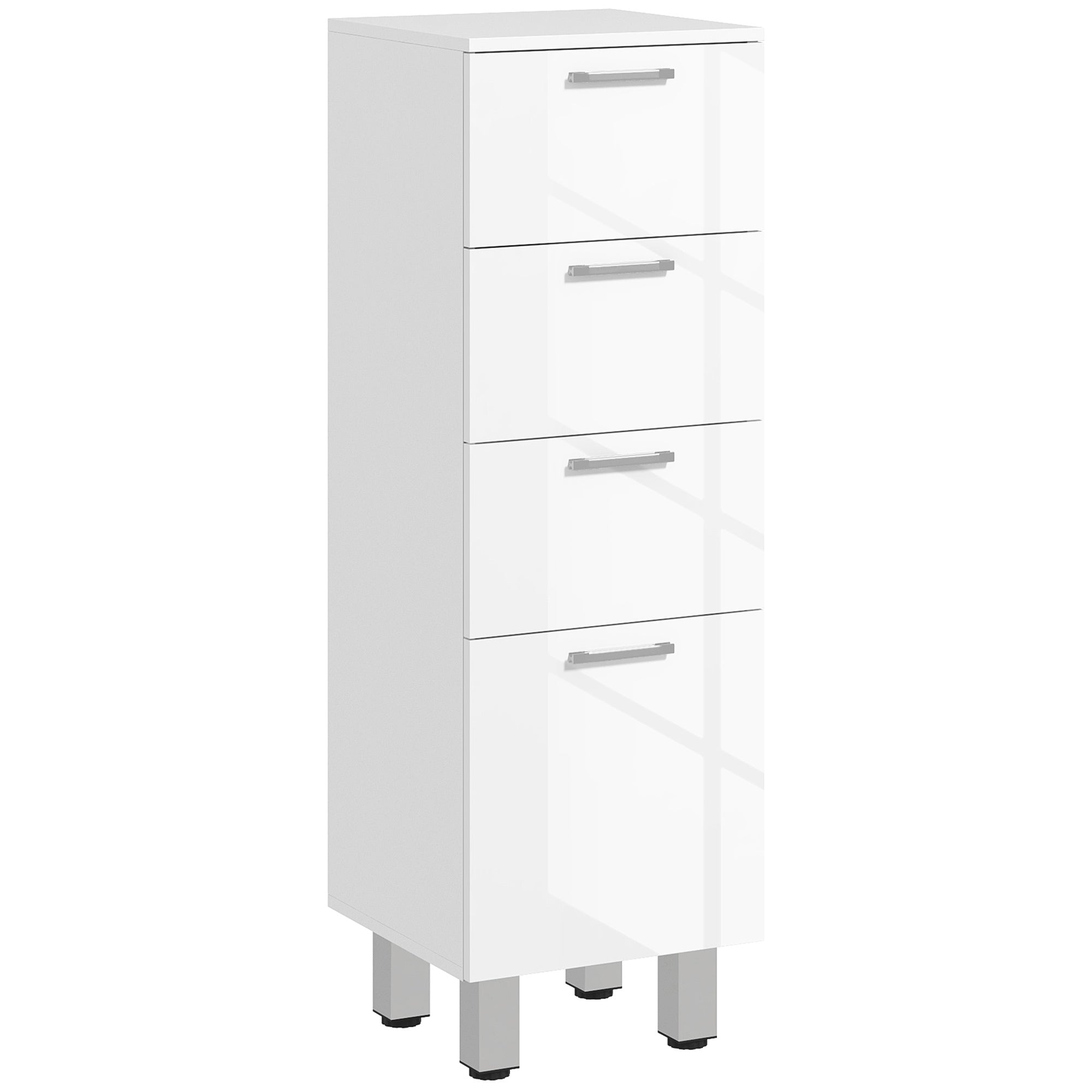 kleankin Moderní pomocný koupelnový kabinet se 4 zásuvkami a 4 nohami, úložný kabinet do obývacího pokoje a ložnice, proti převrhnutí, nosnost 30 kg, 30x30x93 cm, lesklá bílá