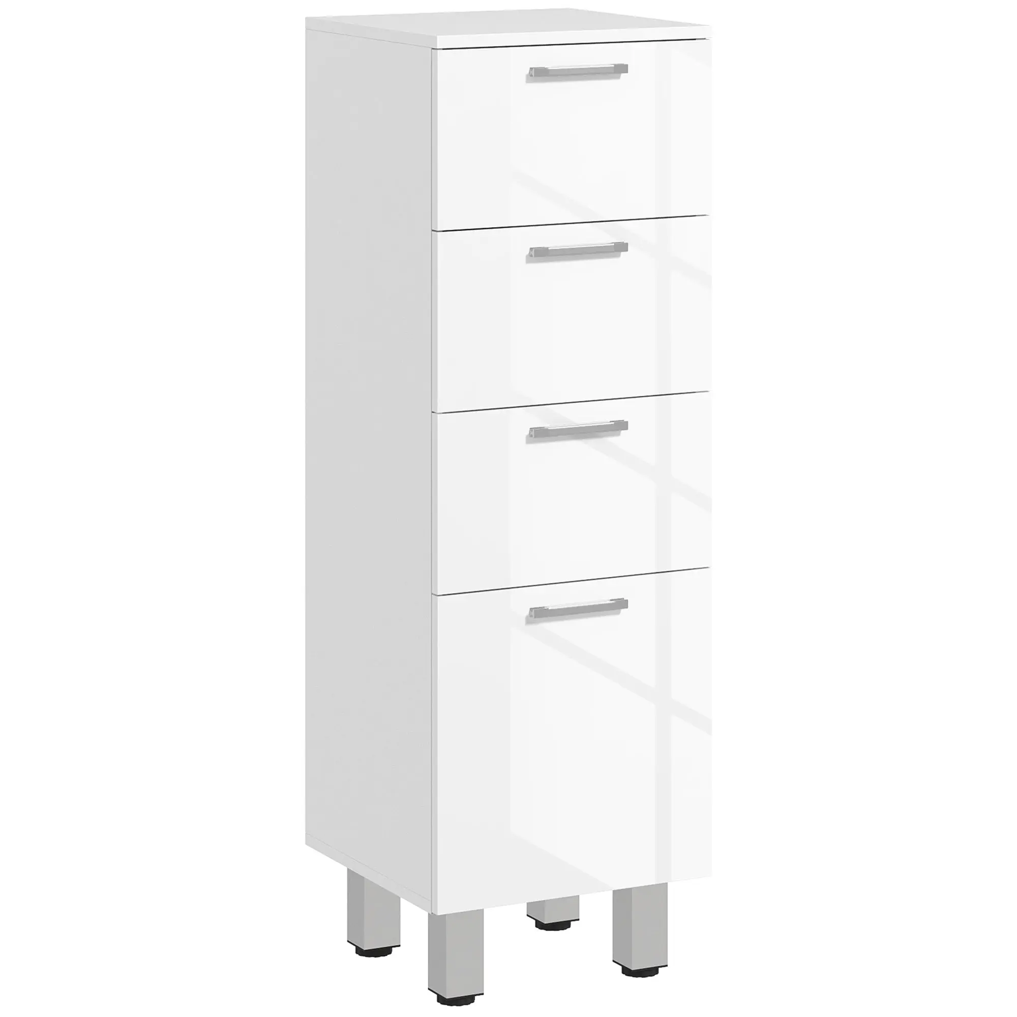 Modern Bathroom Auxiliary Cabinet with 4 Drawers and 4 Legs Storage Cabinet for Living Room Bedroom Anti-topple Load 30 kg 30x30x93 cm Glossy White