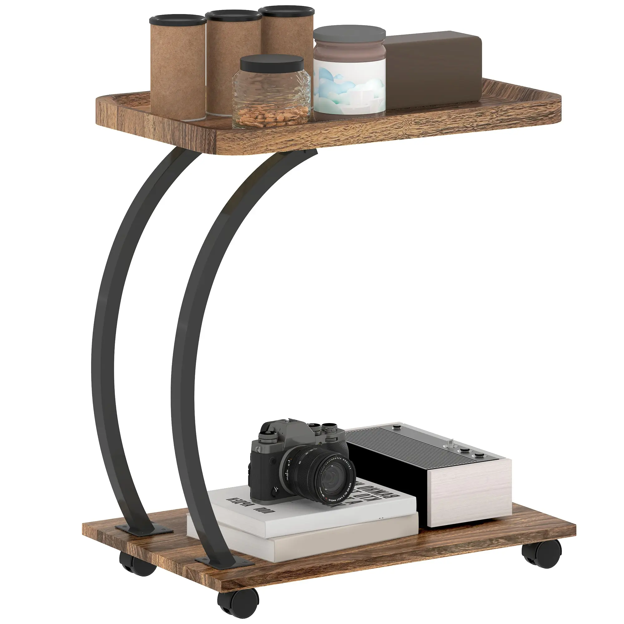 Side Table with Wheels Sofa Side Table with Upper Tray Steel Frame Side Table for Living Room Bedroom Brown