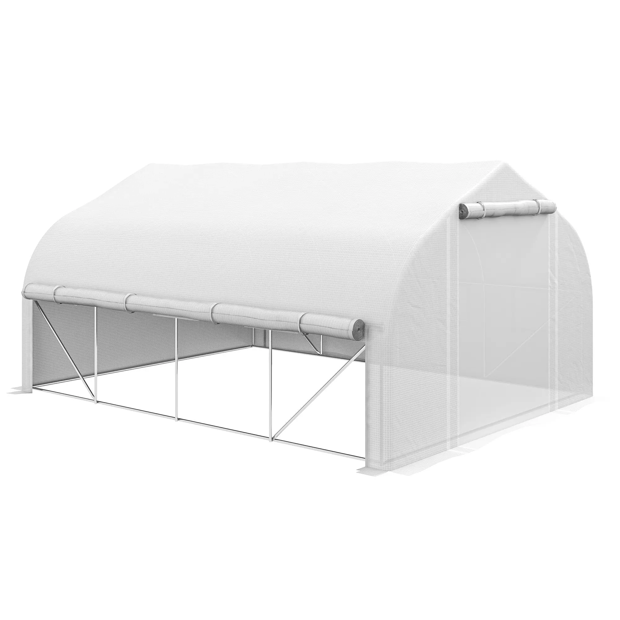 4x3x2m Tunnel Greenhouse Garden Greenhouse with Mesh Door and 8 Windows Orchard Greenhouse with Pointed Roof Shutters and Roll-Up Sides for Crops Plants Vegetables White