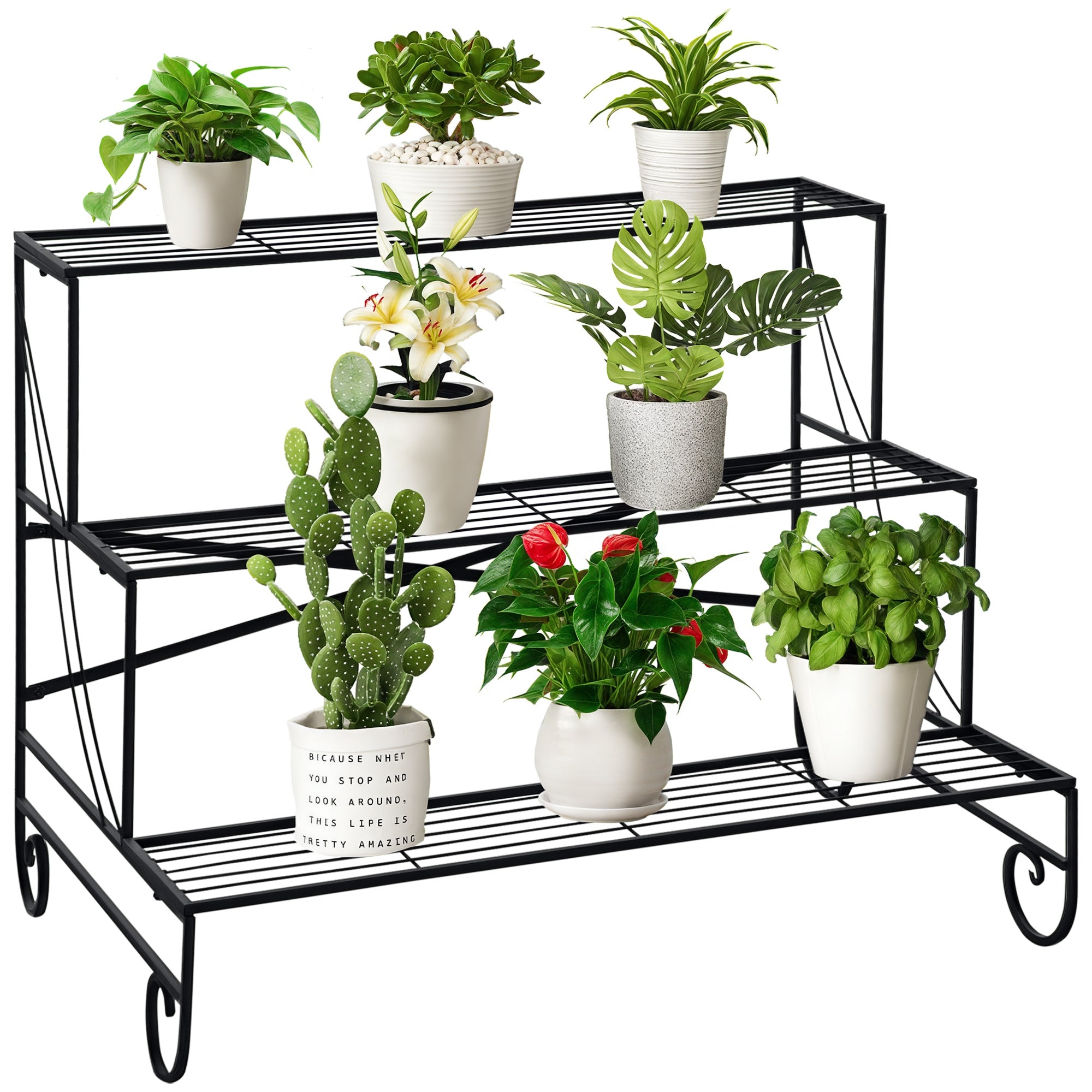 Flower Stand Flower Rack Metal 3 Tiers Plant Stand Flower Step for Indoor and Outdoor Garden Balcony Black 95 x 63 x 72 cm