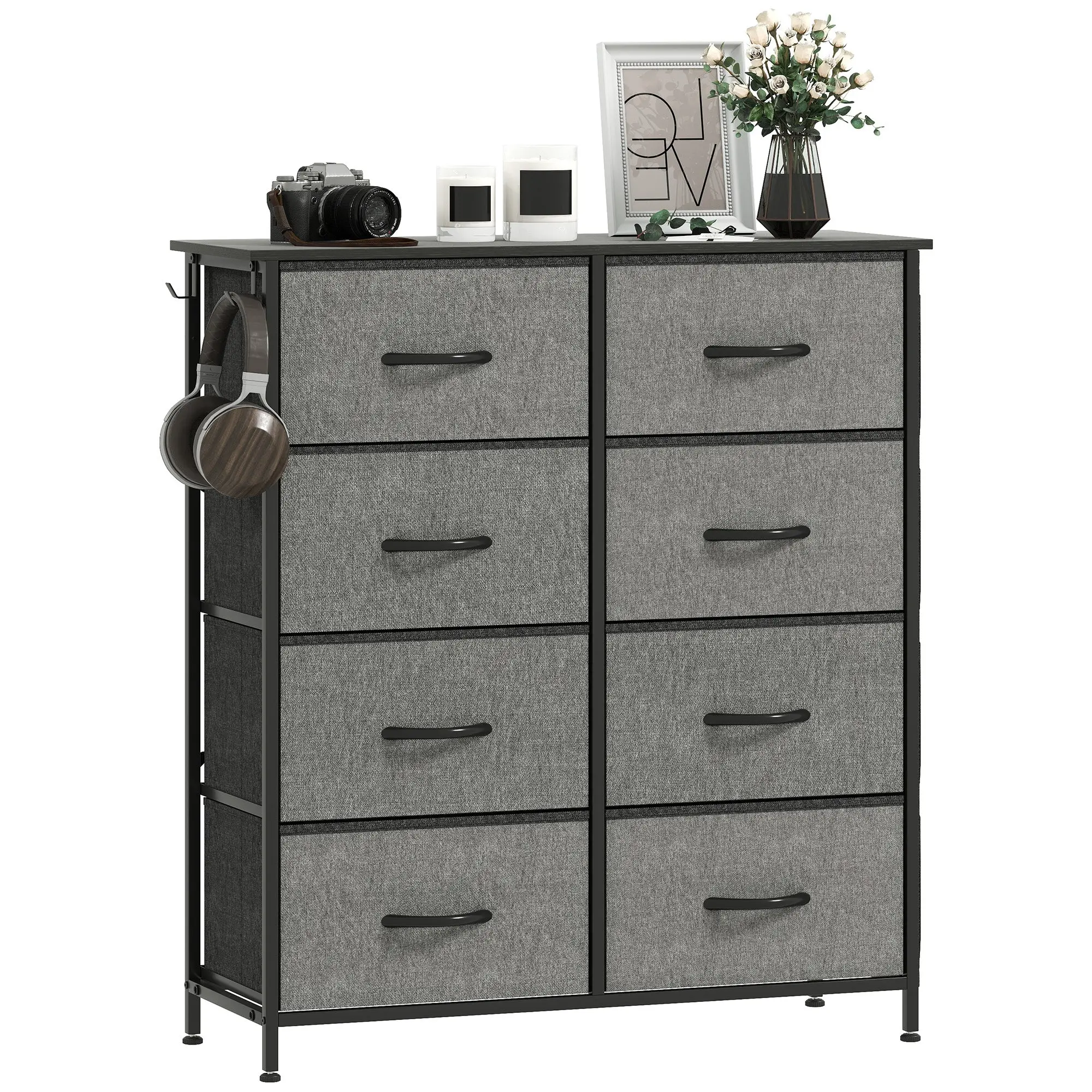 8-Drawer Fabric Dresser with 4 Side Pockets & 2 Hooks, Steel Frame - Gray