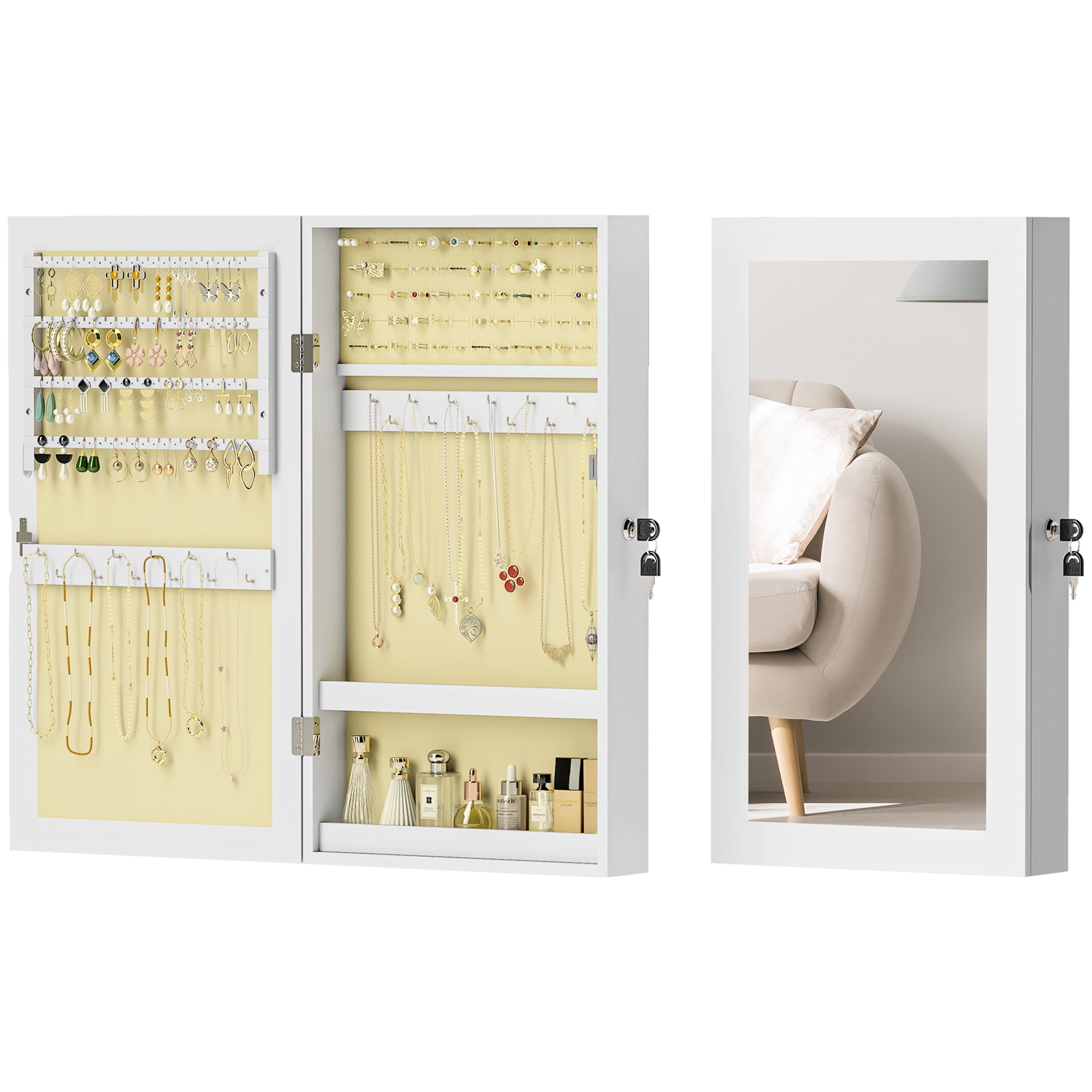 HOMCOM Wandgemonteerde Sieraden Spiegel, Sieradenkast met Sleutelslot, Volledige Lengte Spiegel in MDF voor Slaapkamer en Woonkamer, 36,5x9,5x67 cm, Wit