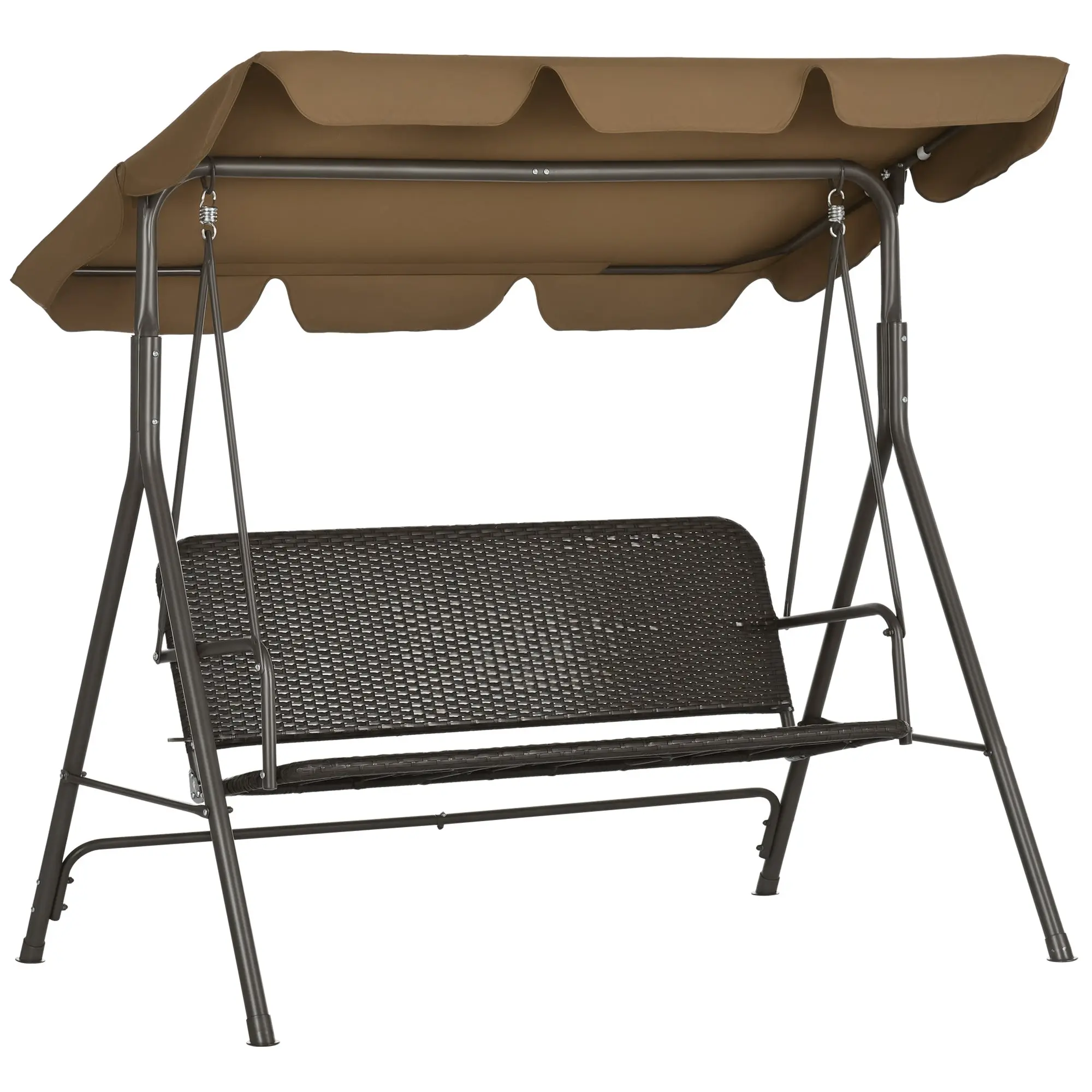 3-Seater Outdoor Garden Swing with Adjustable Canopy PE Rattan Seat and Armrests for Balcony Terrace Patio Load 240 kg 167x112x153 cm Brown