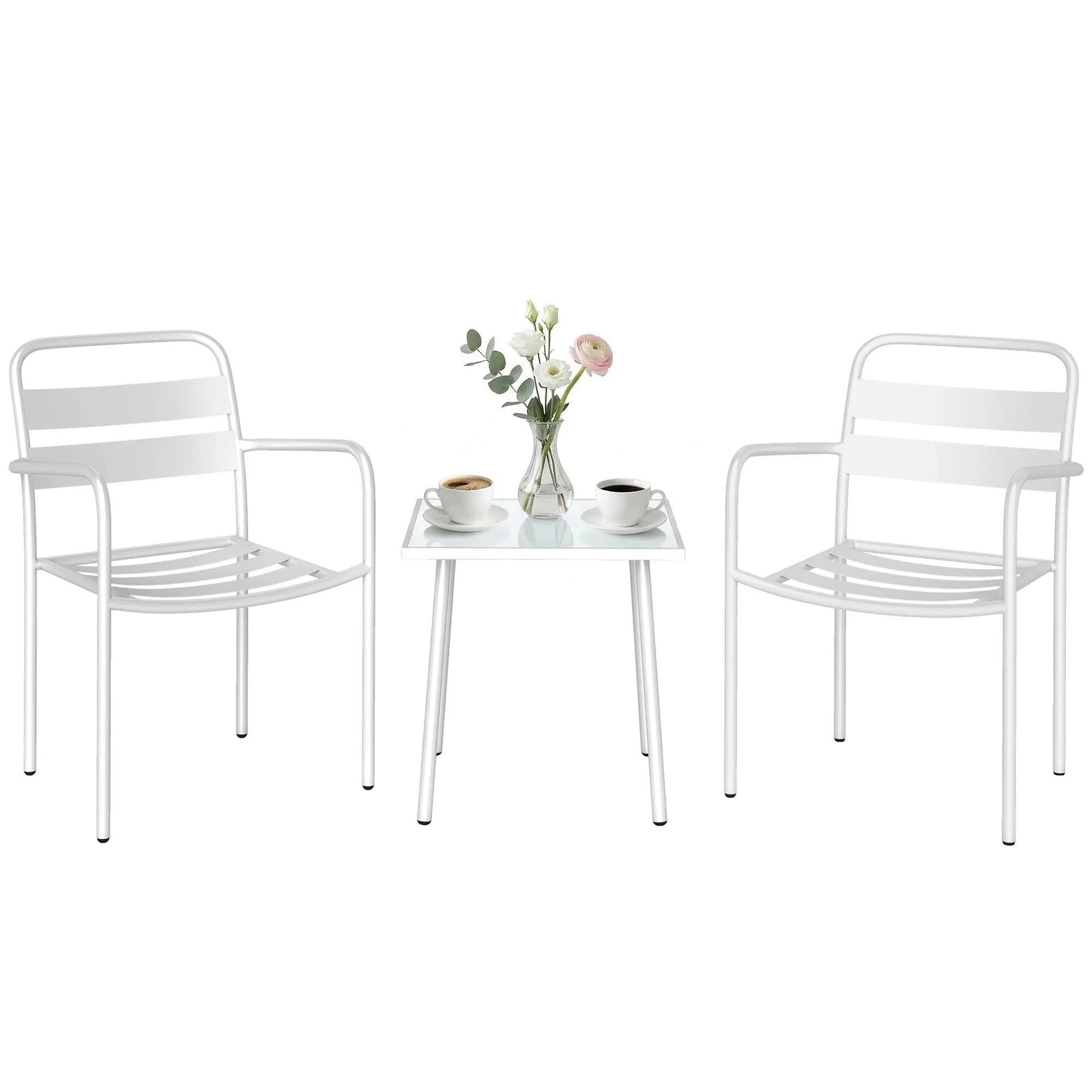 3-Piece Outdoor Garden Bistro Set – Galvanized Steel with 2 Chairs & Tempered Glass Table, Weather-Resistant, White