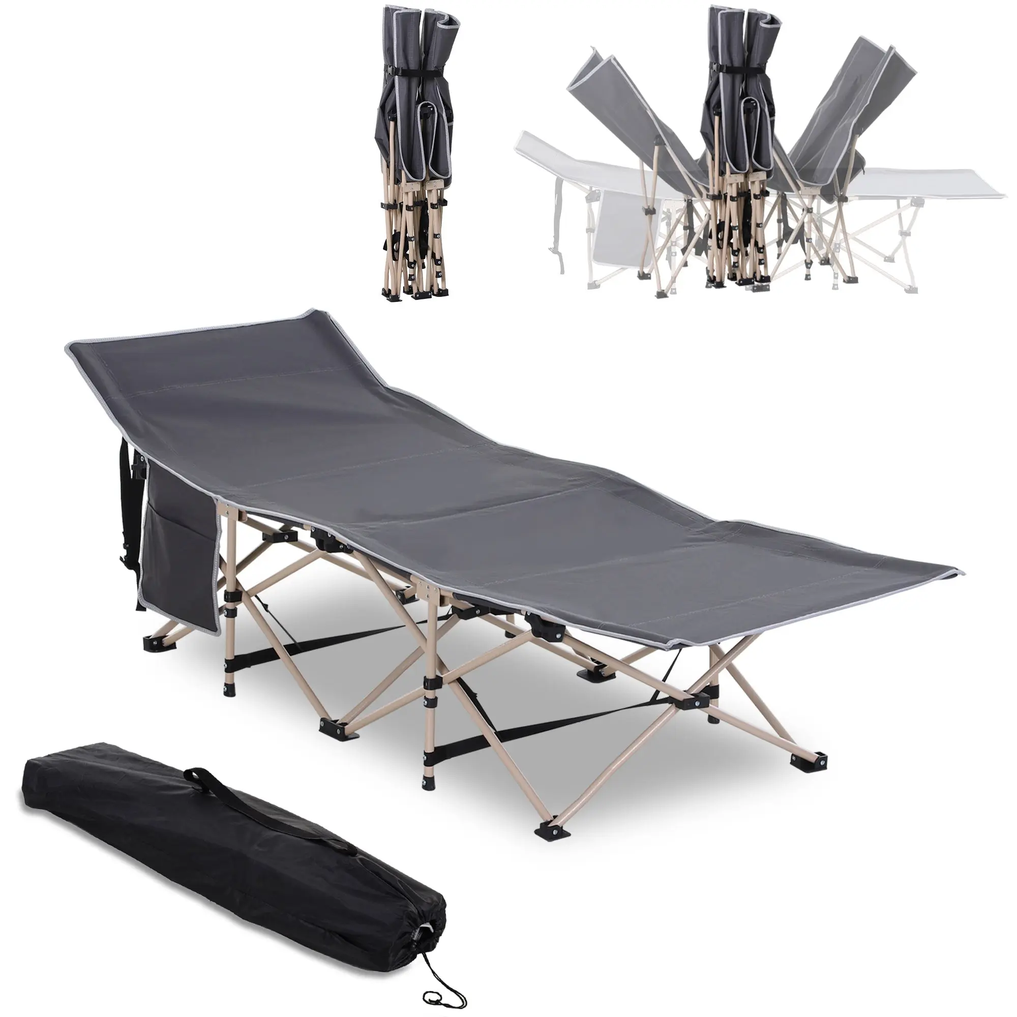 Folding Camp Bed with Carry Bag 190 x 68 x 52 cm Camping Bed up to 150 kg Guest Bed for Adults Foldable Bed for Indoor, Outdoor, Garden Camping Travel Gray