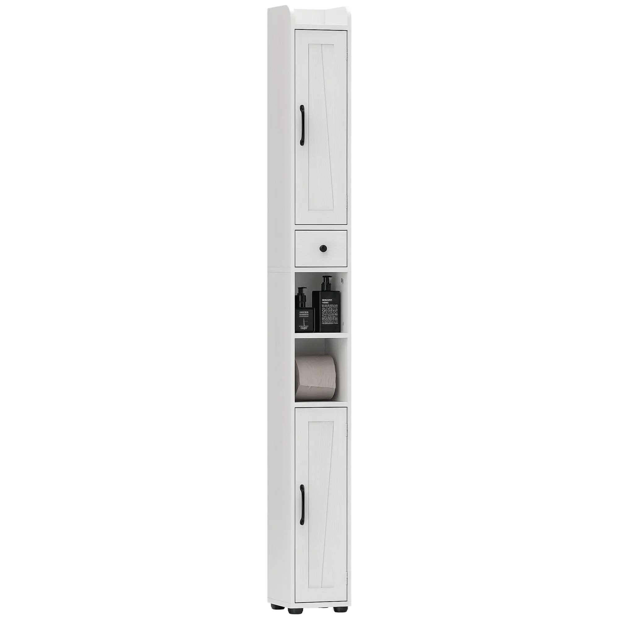 Narrow Bathroom Column with 2 Doors Tall Rustic Bathroom Cabinet with Drawer Open Compartment Adjustable Shelves and Toilet Paper Holder 20x20x185 cm White