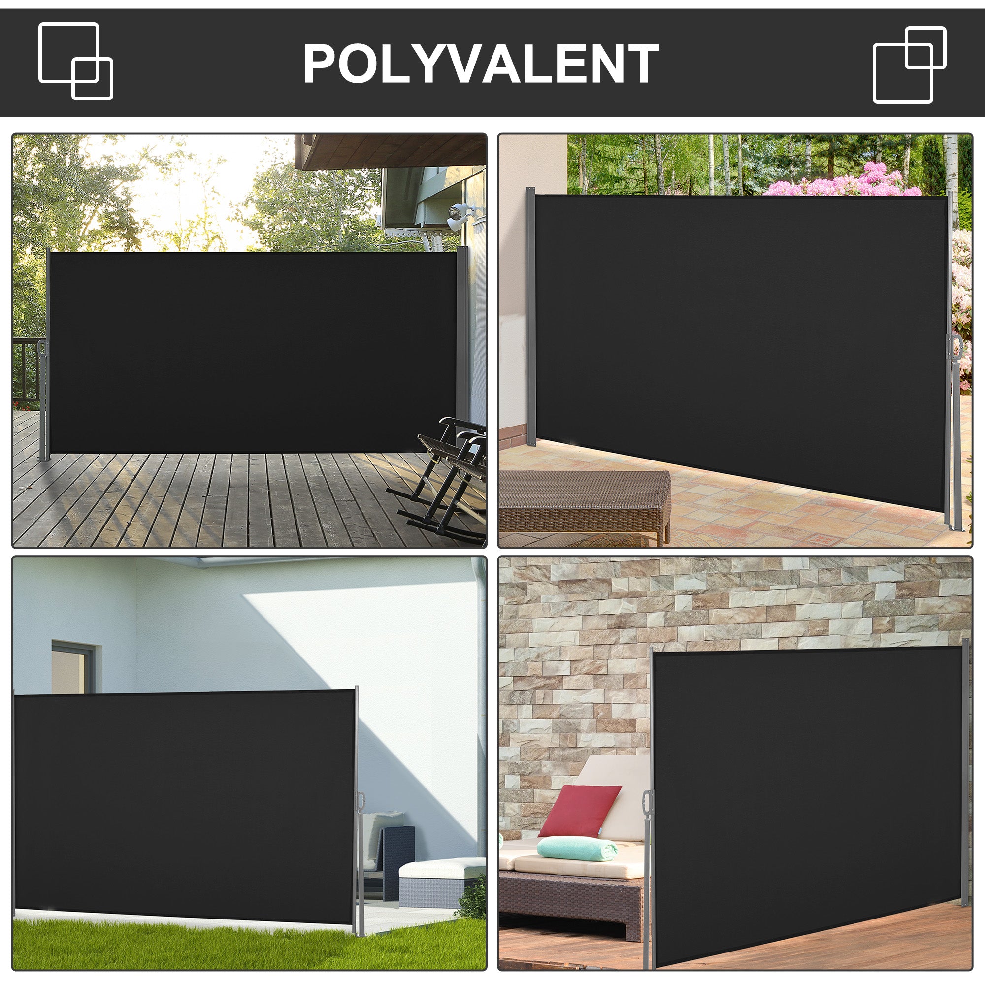 Zatahovací boční markýza Outsunny dim. 3L x 1.6H m, kovová, waterproof, UV-odolná, vysokohustotní 180 g/m², černá
