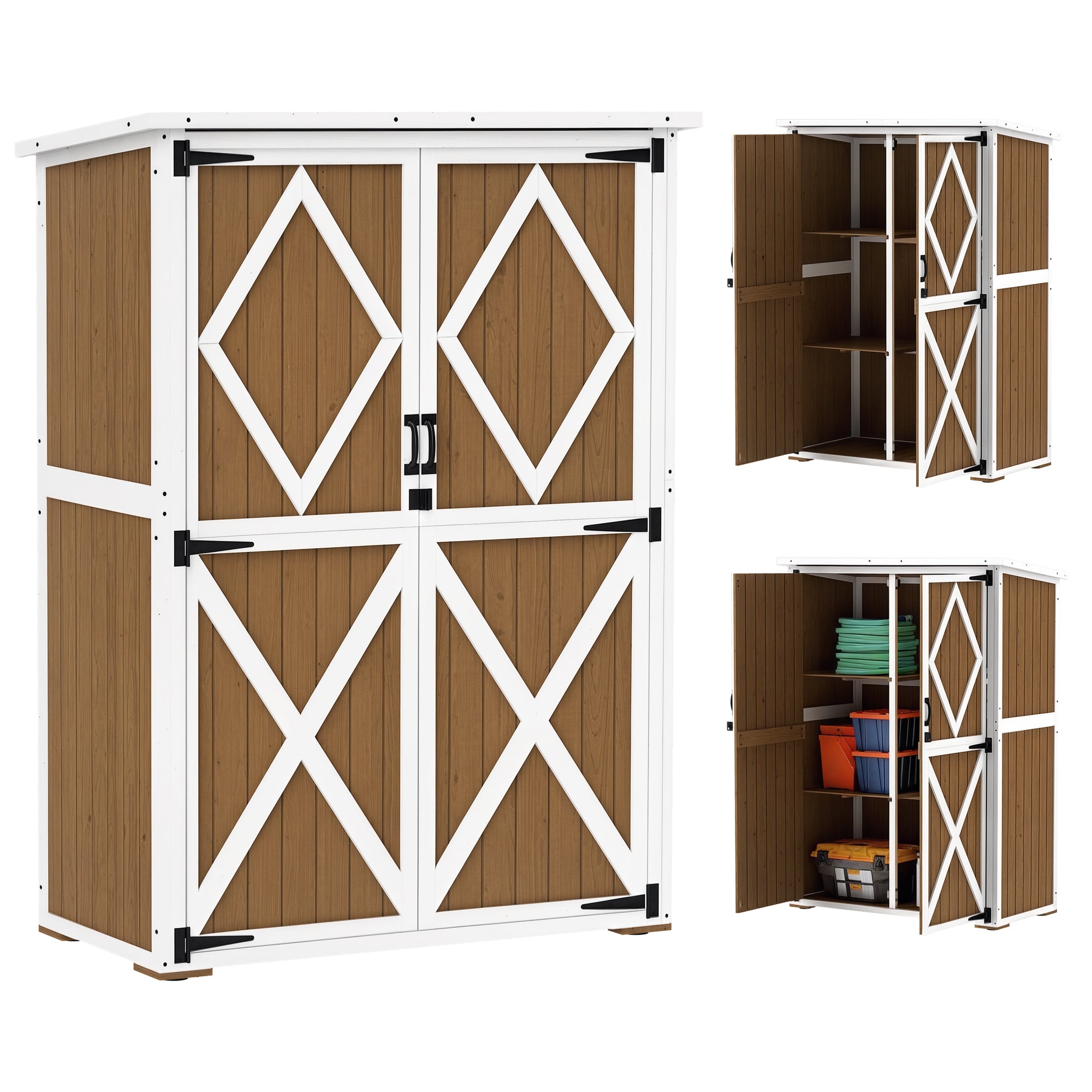 Garden Shed 0.55 m? with 2 Shelves, 2 Lockable Doors, Adjustable Feet, Tool Shed in Spruce Wood and Bitumen Roof, 116.5x57x159/167 cm, Brown and White
