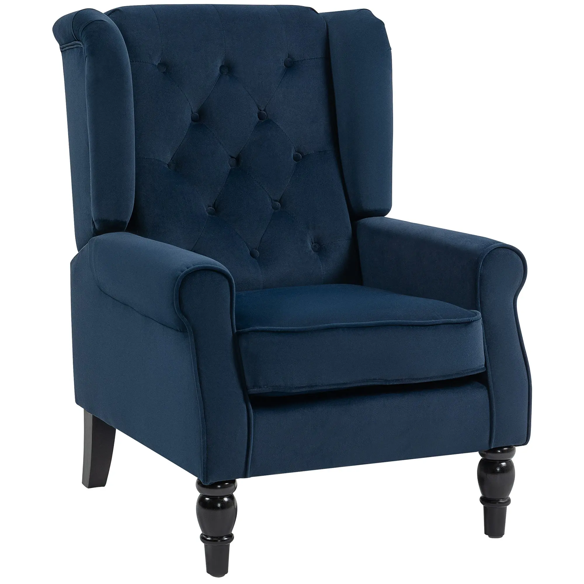Tufted Accent Armchair with Wooden Legs – Wide Seat, Classic Style, Dark Blue (29.1 x 33.9 x 40.2 in)
