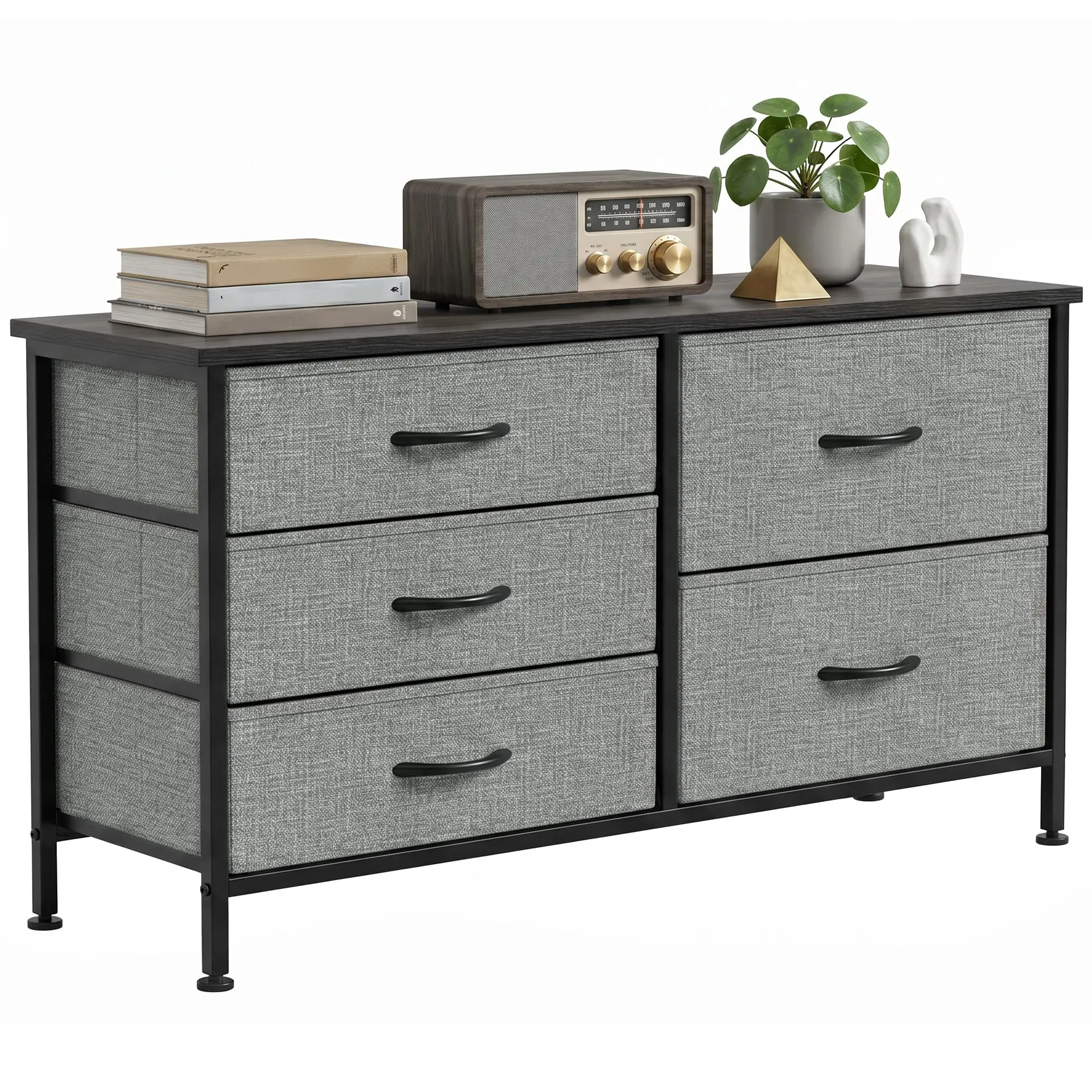 5-Drawer Fabric Dresser with Steel Frame – Compact Storage Chest, Black/Dark Gray