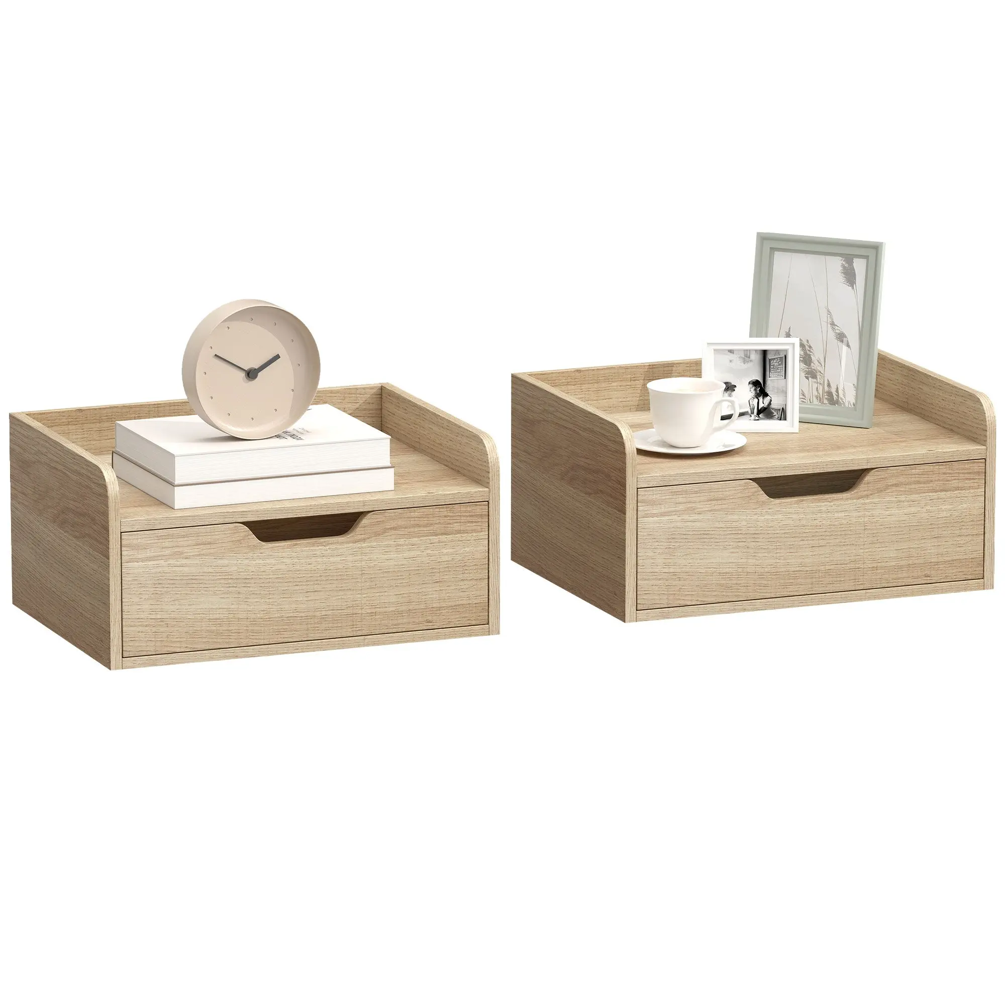 Set of 2 Wall-Mounted Nightstands — Floating Night Tables with Drawer & Raised-Edge Shelf, Modern, for Bedroom or Living Room, 15.7 x 11.8 x 7.7 in, Natural Wood
