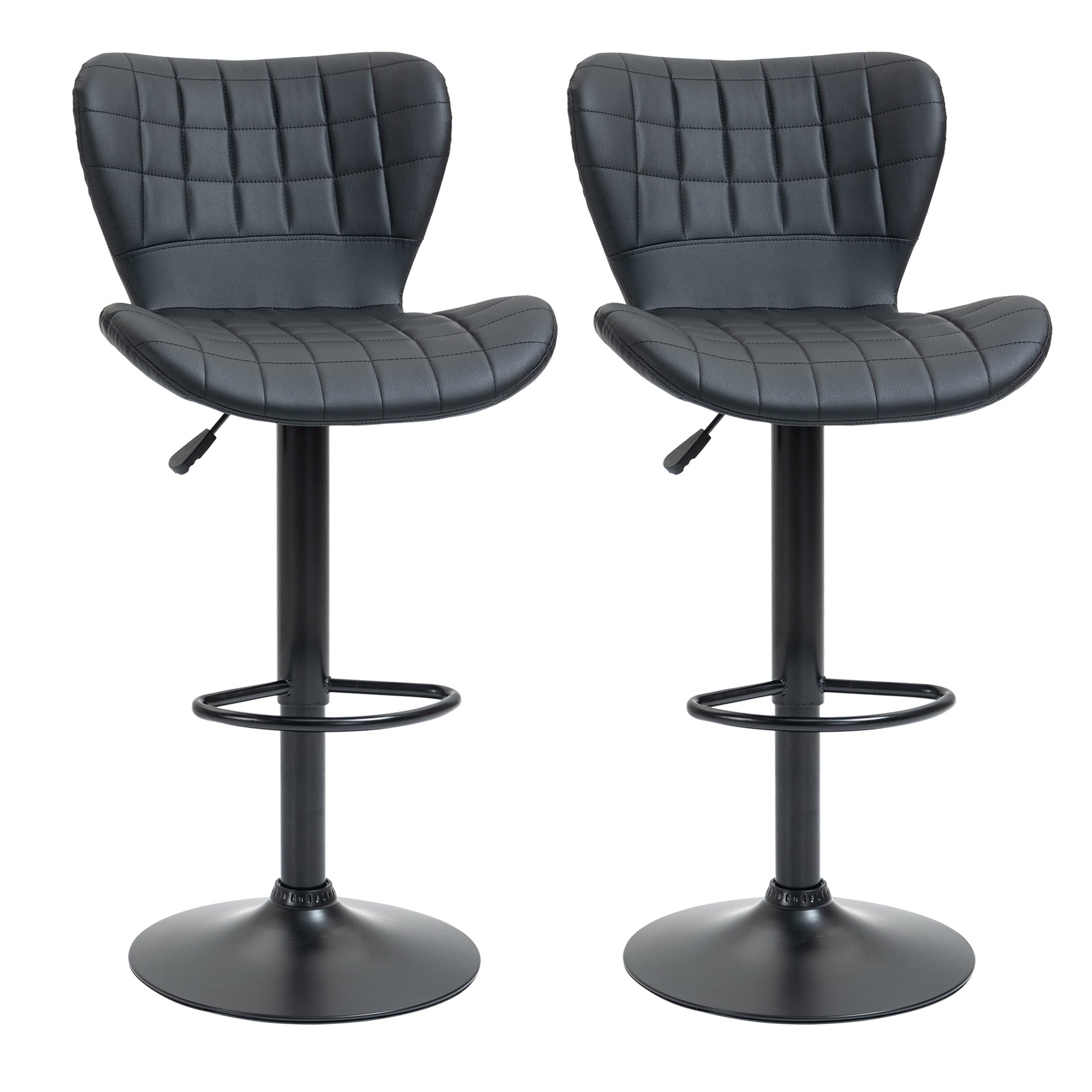 Bar Stool Set of 2, Upholstered Bar Chair with Metal Frame, Backrest, Height Adjustable Kitchen Stools with Footrest, 360° Swivel, Counter Stool for Kitchen, Living Room, Dining Room, Faux Leather, Black