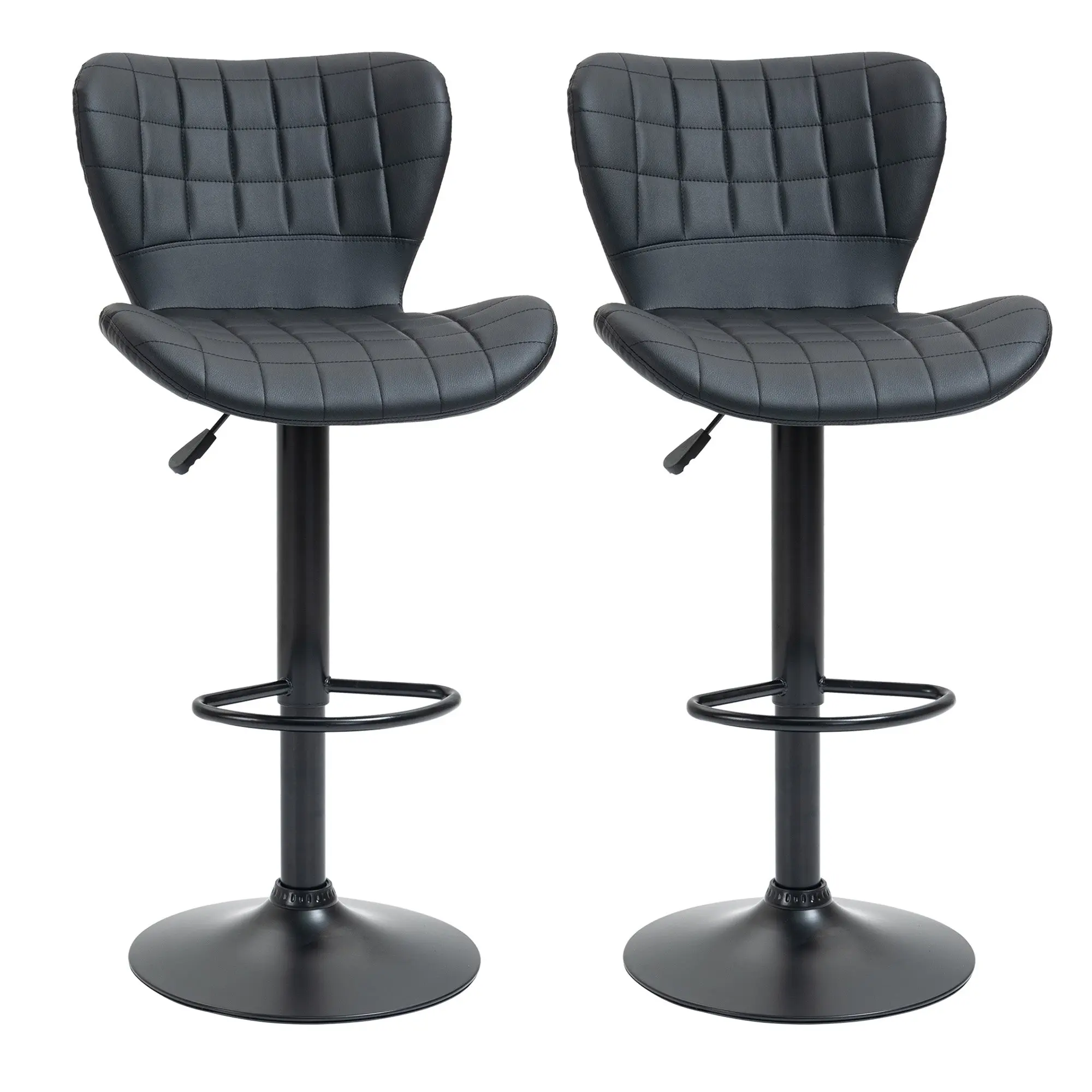 Bar Stool Set of 2, Upholstered Bar Chair with Metal Frame, Backrest, Height Adjustable Kitchen Stools with Footrest, 360° Swivel, Counter Stool for Kitchen, Living Room, Dining Room, Faux Leather, Black