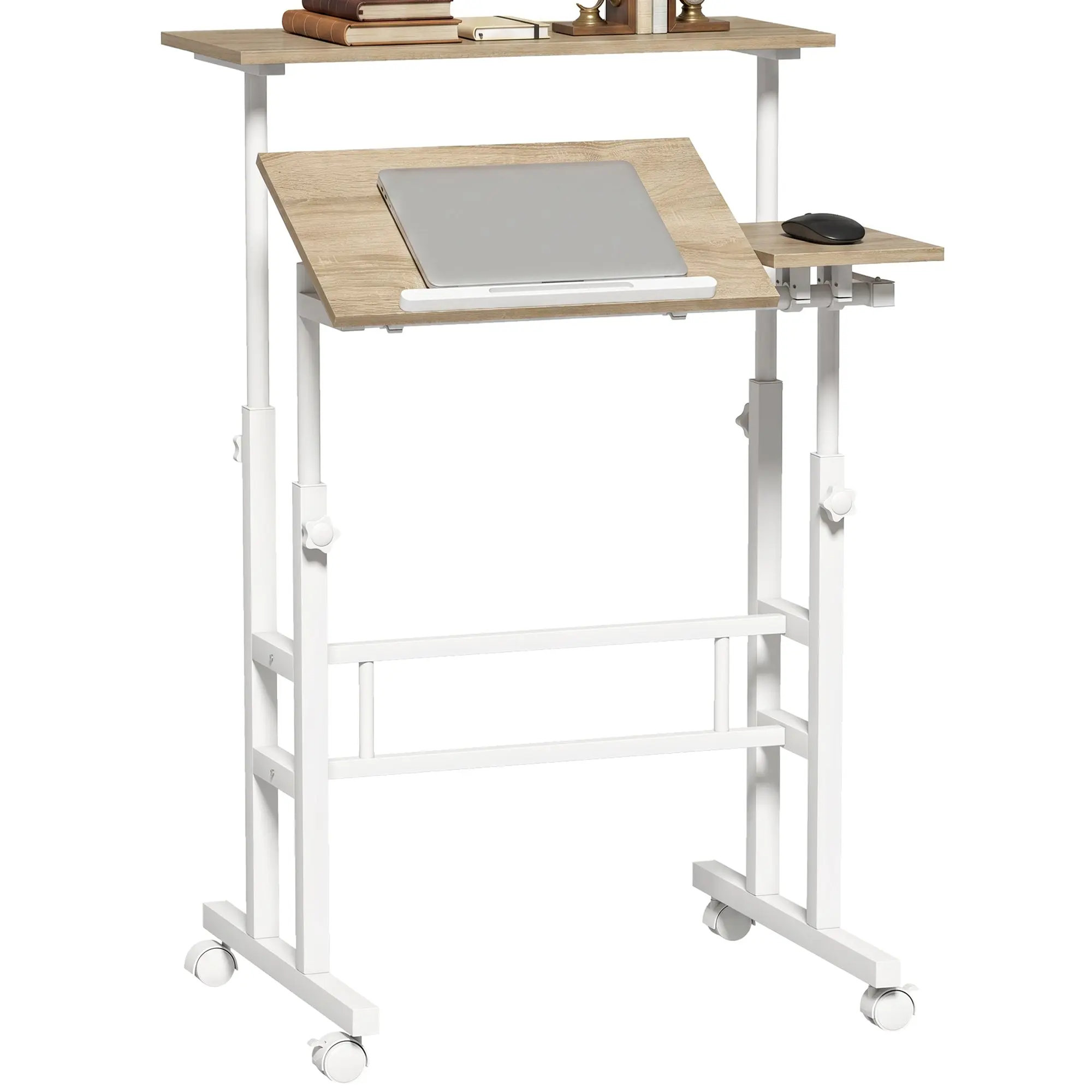 Sit‑Stand Adjustable Desk with Tilt Top & Casters, 27.6 x 23.6 in — Brown