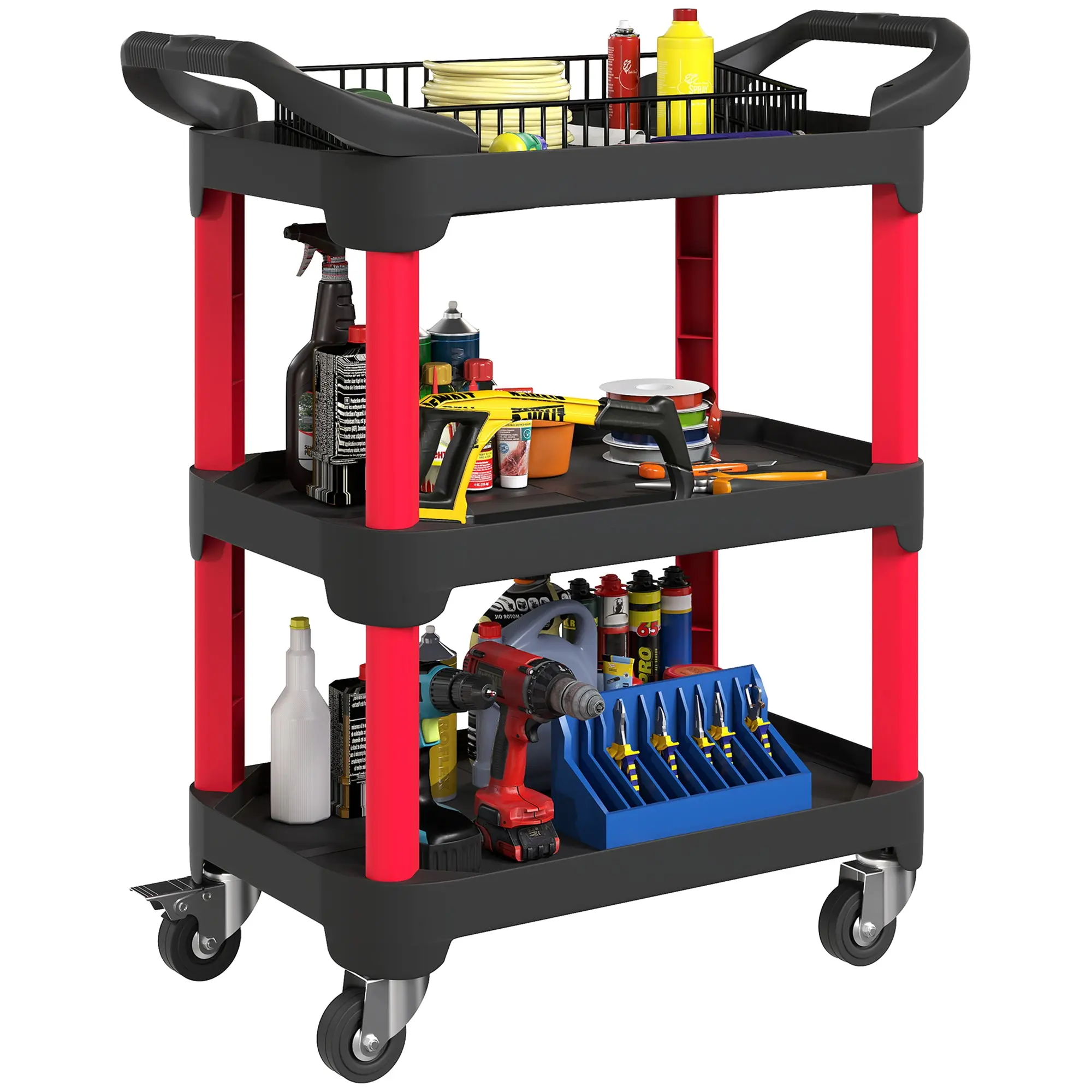 Workshop Trolley with 3 Levels Tool Cart with Handle Assembly Trolley for Garage, Warehouse, max. 68 kg Load Capacity, Black