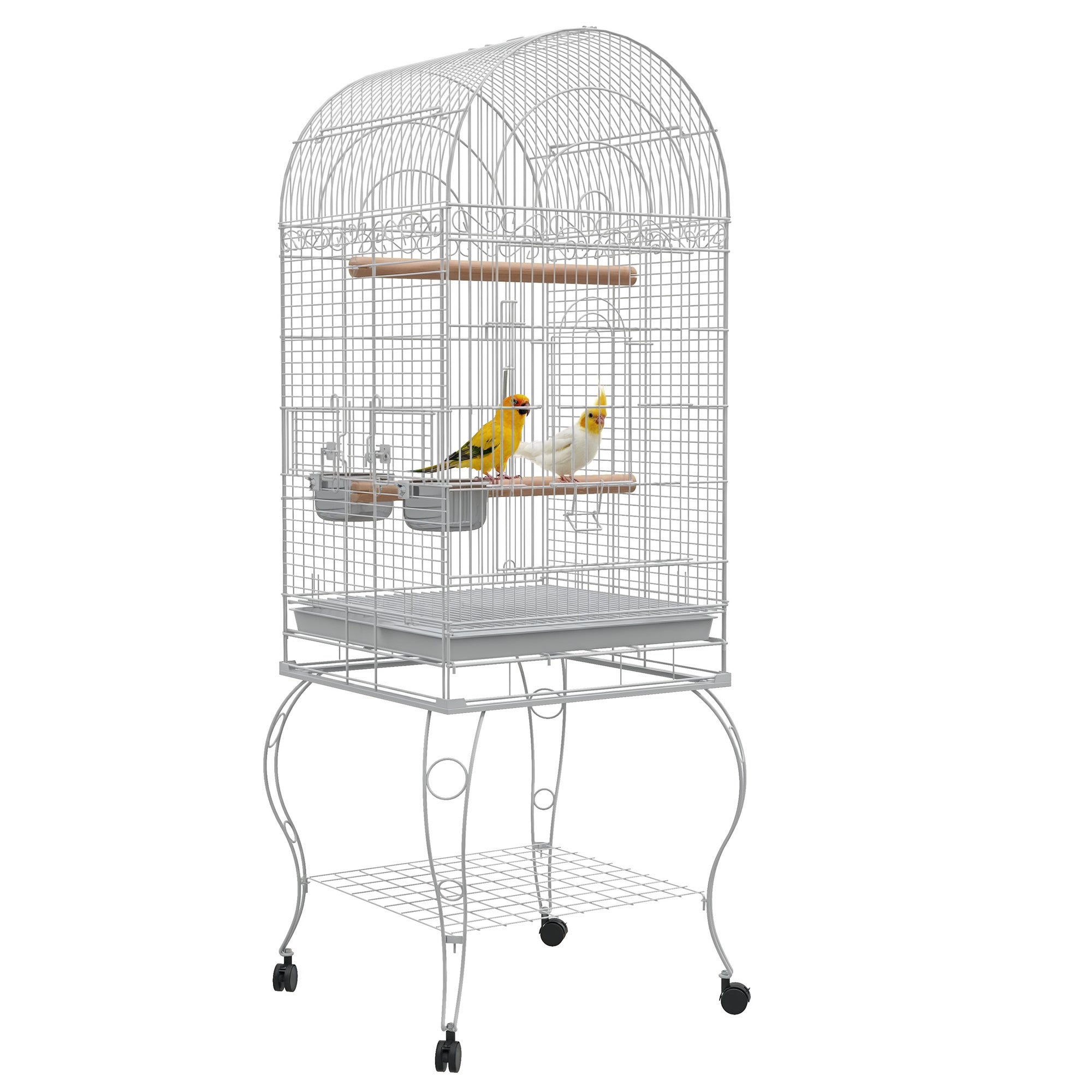 PawHut Lindude Aedik Rattaidelt - Välitingimustes Lindude Aedik Eemaldatava Alusega, 2 Roostevabast Terasest Kaussi, Regal ja Pärga Parakeetidele, 51x51x153 cm, Valge