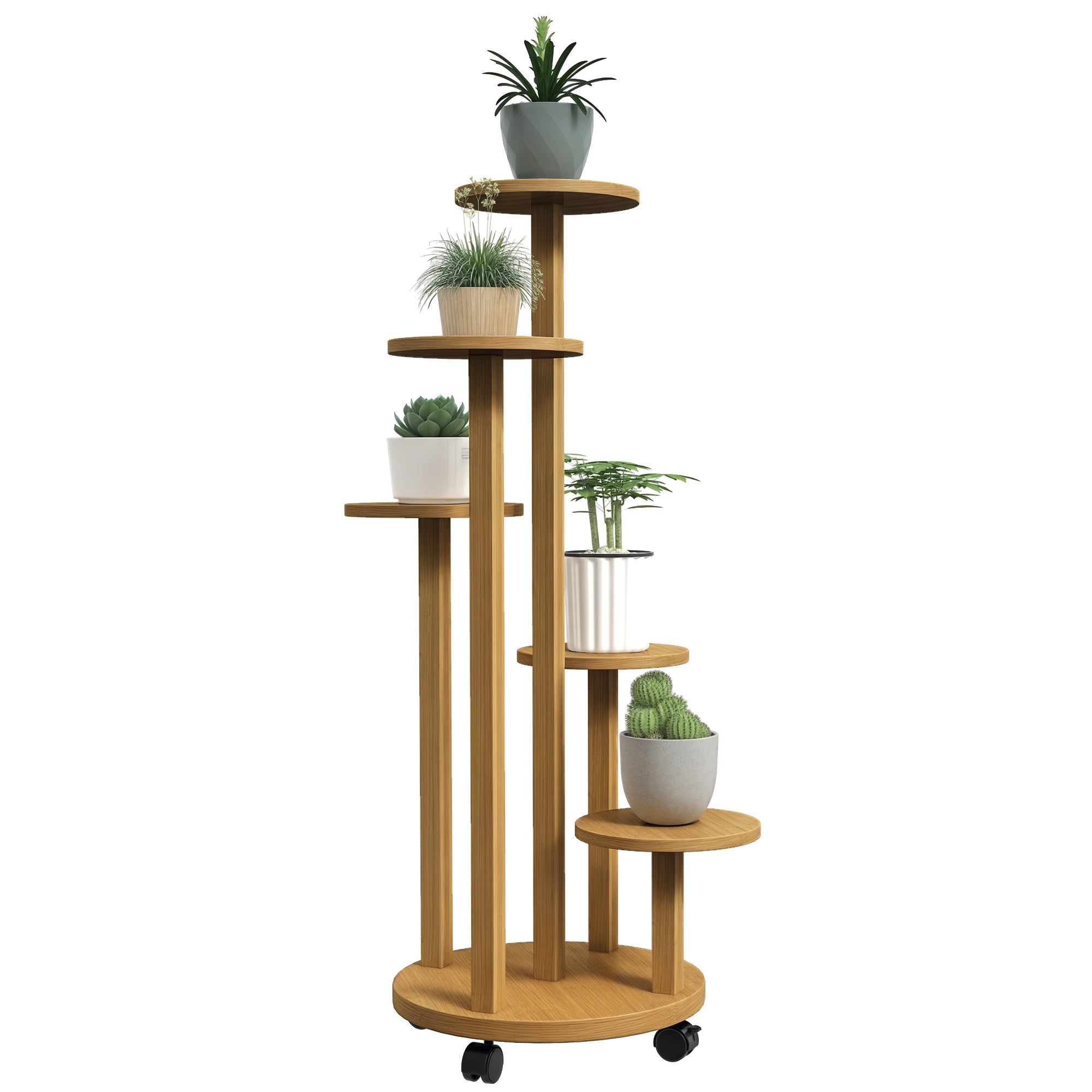 Outsunny Pflanzenständer Holzregal mit 5 runden Blumenelementen Naturholz