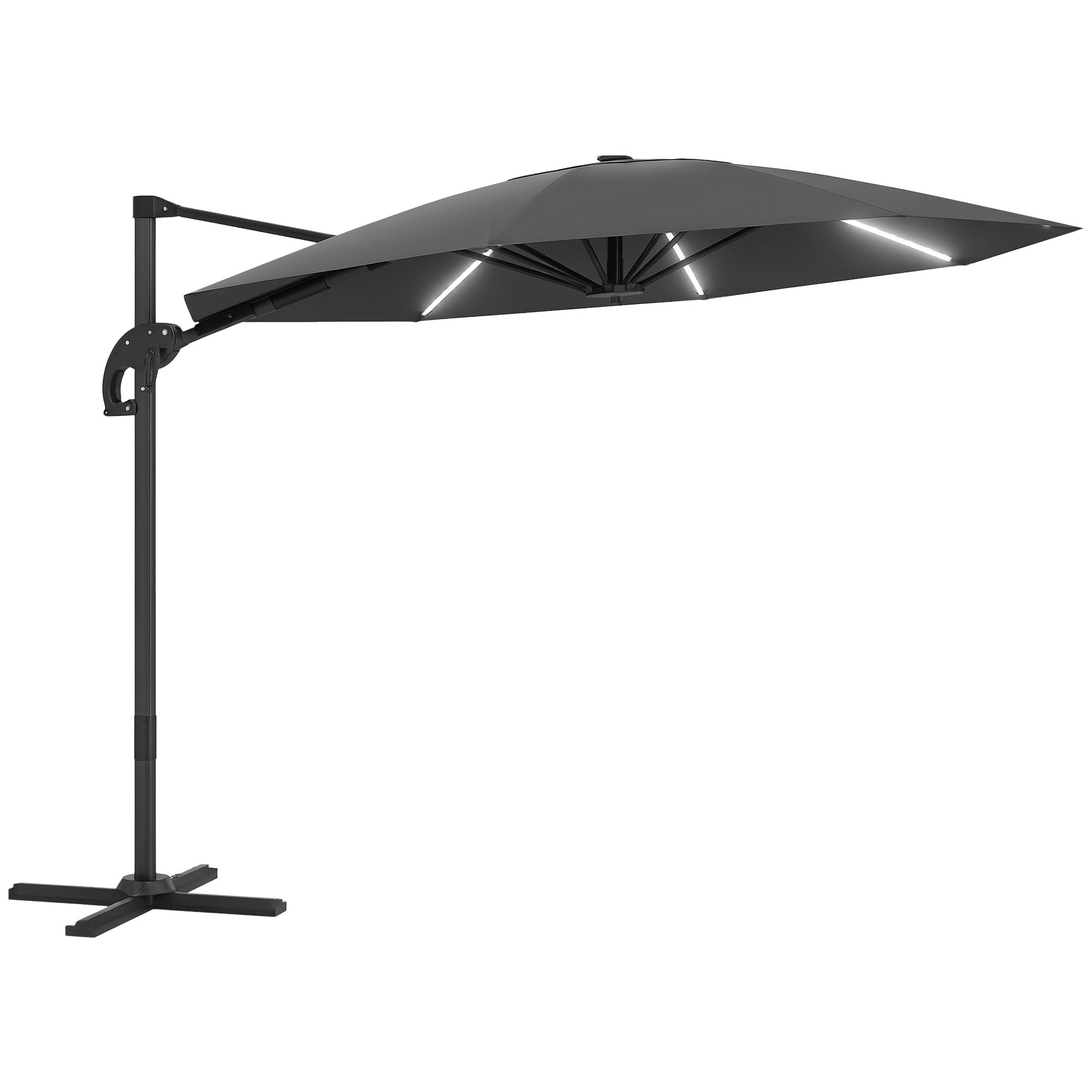 Aluminum Cantilever Umbrella LED Solar ?300cm Height Adjustable Sun Umbrella with Crank Stand UV50+ Water Resistant 360° Rotatable Market Umbrella Tiltable Parasol Sun Protection for Garden Balcony - Dark Gray