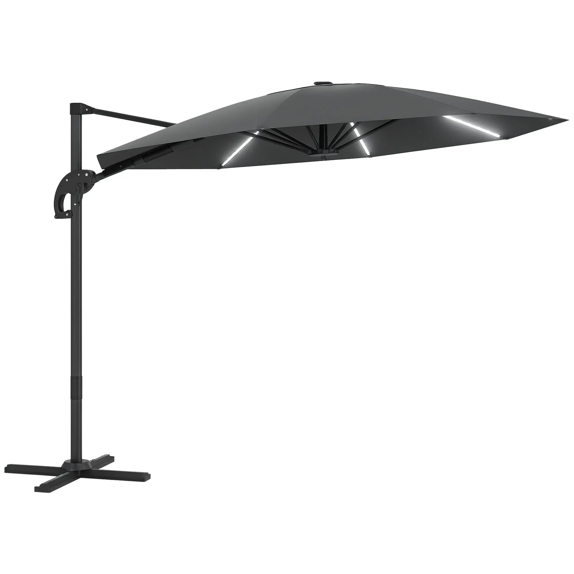 Aluminum Cantilever Umbrella LED Solar ?300cm Height Adjustable Sun Umbrella with Crank Stand UV50+ Water Resistant 360° Rotatable Market Umbrella Tiltable Parasol Sun Protection for Garden Balcony - Dark Gray