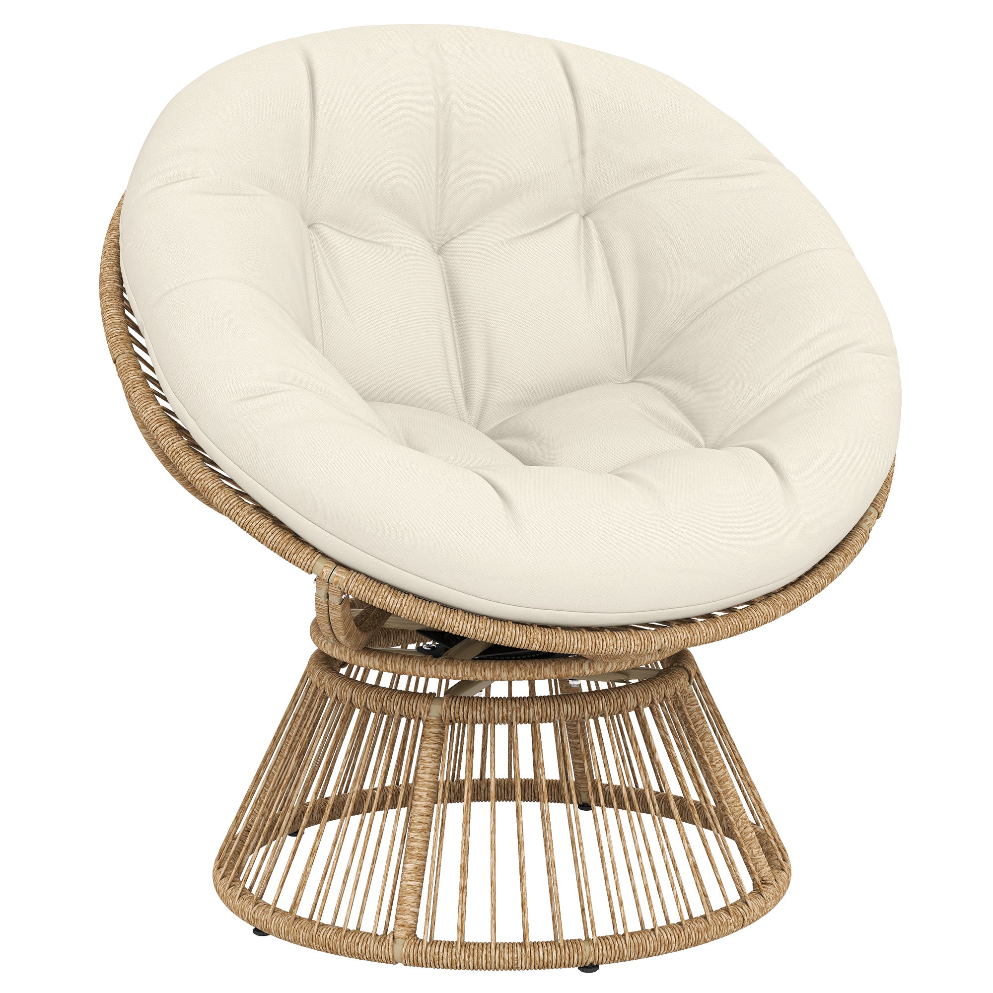 Outsunny 360° drehbarer Papasan-Sessel mit Kissen, runder PE-Rattan-Lounger auf Stahlrahmen — Cremeweiß