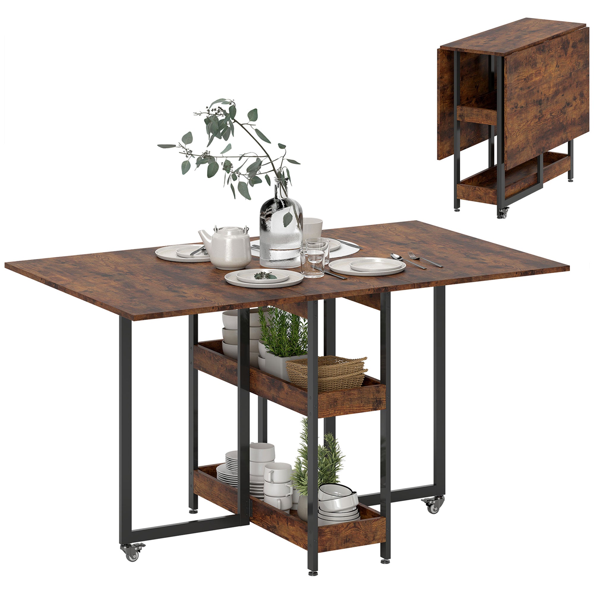 HOMCOM Folding Dining Table with Storage, Drop Leaf Kitchen Table for 2–4 People with 2 Open Shelves and Lockable Wheels, Rustic Brown