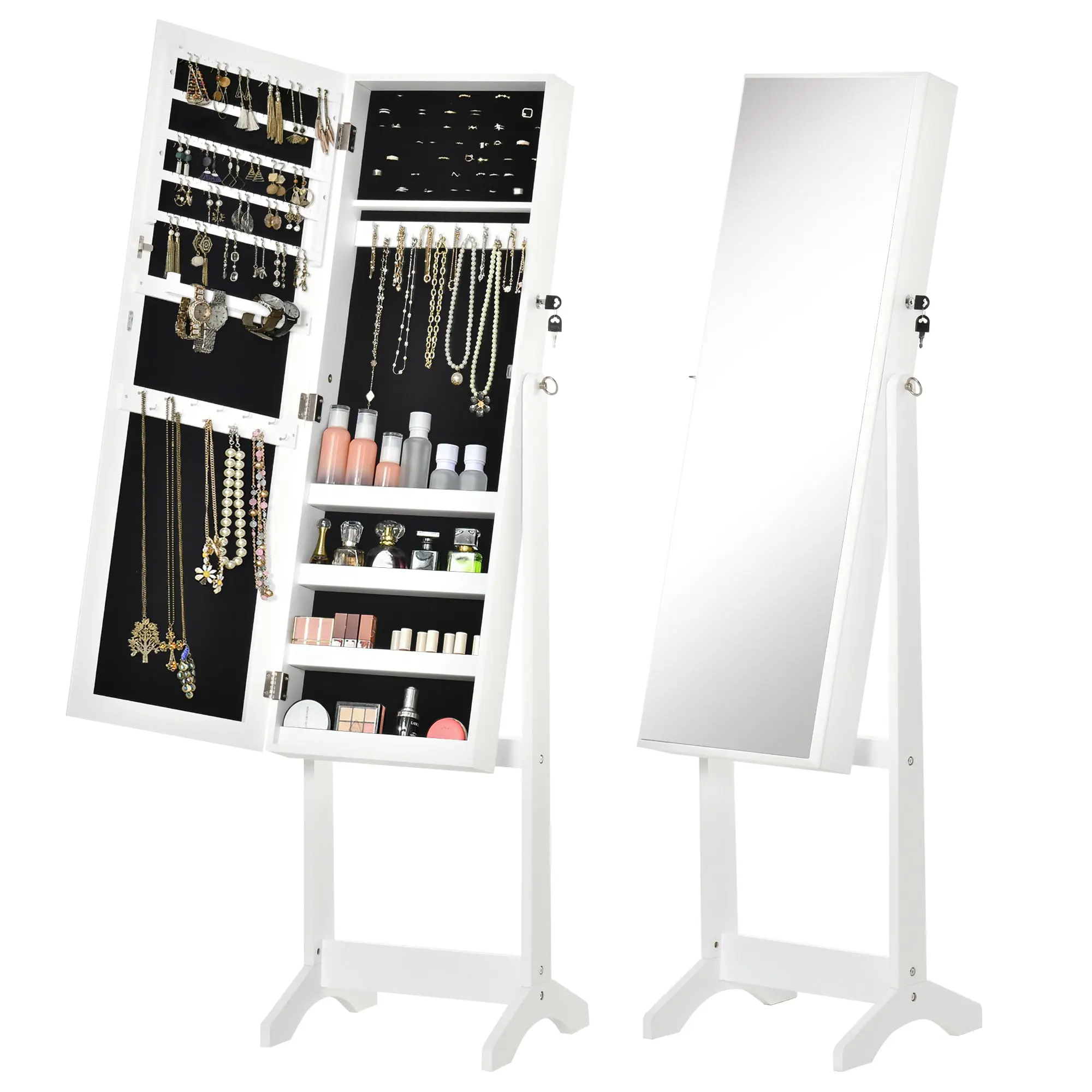Standing Jewelry Mirror Cabinet with 3 Adjustable Angles Magnetic Lock Jewelry Organizer with Shelves Earring Slots Ring Hooks Necklaces 46x36.5x151.5 cm White